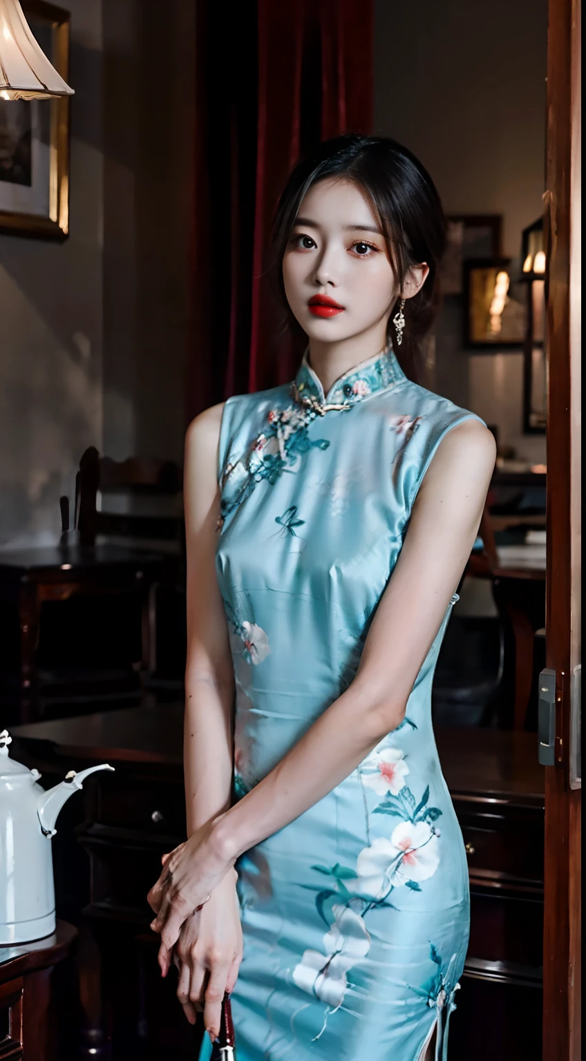"Beautiful and lonely,Cyan cheongsam beauty,She wears lipstick,She looked up,Dark lights filled the surroundings,The atmosphere of the night,Full of vintage,She missed her lover,Deeply shrouded in sadness,The picture is HD,A masterpiece。"