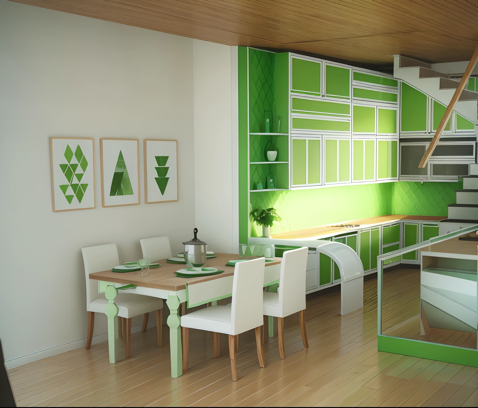 modern kitchen, green and white color ,wooden floor, plants, morning sunshine, masterpiece, best quality.
