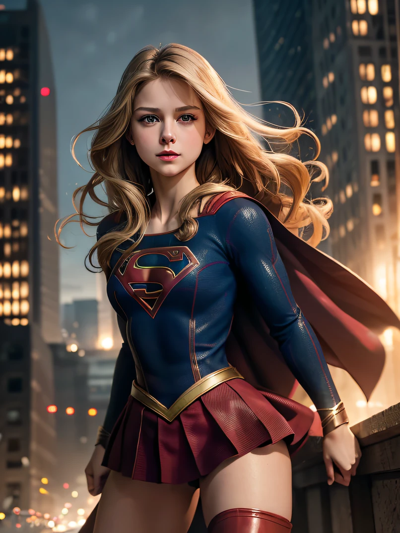 1girl in、Melissa Benoist - SMF、blondehair、Superhero、Long hair、Beautiful lips、Outer Armor、body suit、Red skirt、long boots、red footwear、hightquality、hight resolution、​masterpiece、foco nítido、photographrealistic、Raw photography、bustshot、lighting like a movie、Detailed skin texture、Detailed fabric texture、beautifull detailed face、intricate-detail、ultra-detailliert、Perfect physique、tall、smil、Focus from the chest up、Put on a Supergirl costume、disheveled blonde、Dynamic action、Look at viewers、the background is a tall building