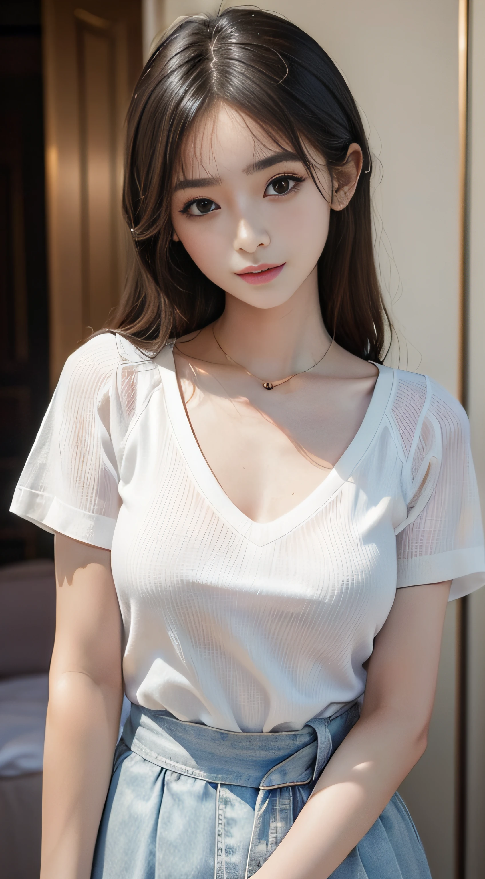 ​masterpiece、Top image quality:1.2、((beautiful young woman with))、Transparent skin:1.2、{A slight smil}、(kawaii)、Short sleeve knit、luxury hotel、depth of fields、Sharp Focus、Fine details