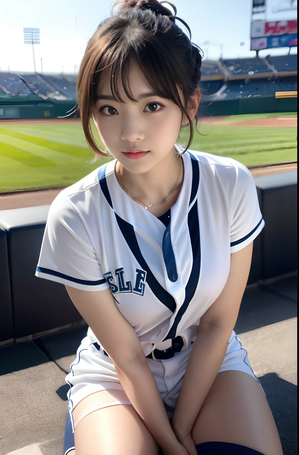 (8K, Raw photo, top-quality, ​masterpiece: 1.2), ​masterpiece, super detailing, Ultra-high decomposition energy A, (Realistic and realistic photos: 1.37), high-definition RAW color photography, Very delicate and beautiful., About Igree, 8K Wallpaper, astonishing, detaileds, extremely detailed eye, highlydetailed skin, extremely detailed fingers, highly detailed nose, highly detail mouth, perfect anatomia,1girll, (Baseball Uniforms), hazy, blured background, Blurred foreground, blush, braid, pectoral muscles, depth of fields, eyebrows visible through hair, Frild, hair between eye, Baseball Stadium, jewely,Put on a baseball glove、 look up at viewer, Short hair, Sitting, Solo, Colossal tits、乃木坂アイドル、韓国アイドル、hposing Gravure Idol、 Star、18year old、tall、韓国アイドル、乃木坂アイドル、 Star、hposing Gravure Idol、((full body Esbian)), ((Gravure Pose))