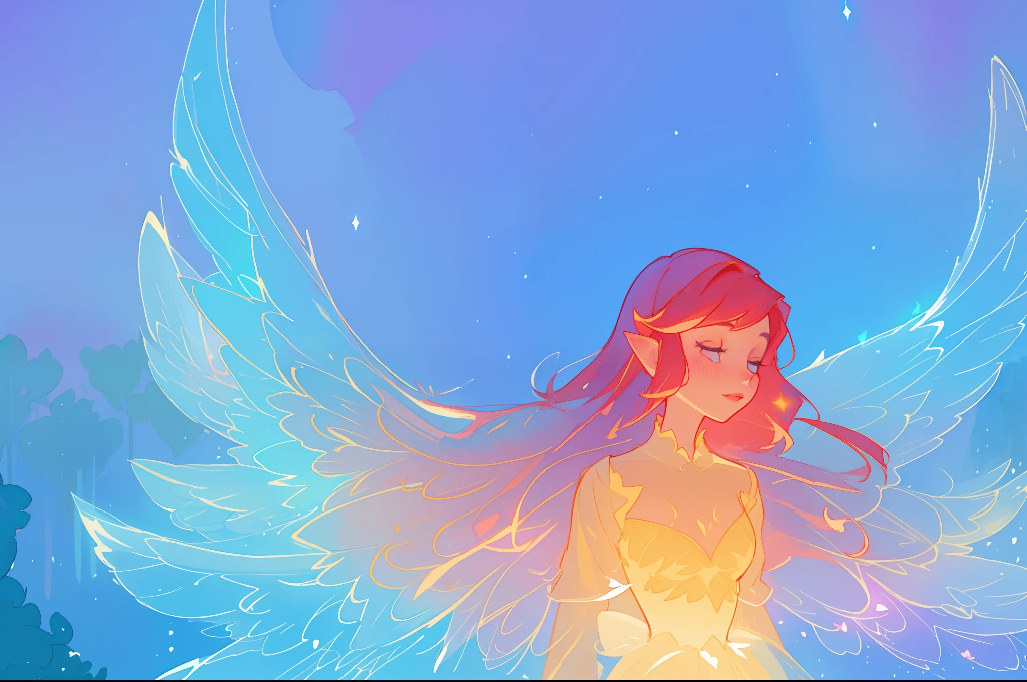 beautiful girl in flowing layered puff long sleeve ballgown, (large fairy wings), glowing flowing ballgown, glowing red hair, sparkling fairy wings, watercolor illustration, flowers and colorful plants, inspired by Glen Keane, inspired by Lois van Baarle, disney art style, by Lois van Baarle, glowing aura around her, by Glen Keane, jen bartel, glowing lights! digital painting, flowing glowing hair, glowing flowing hair, beautiful digital illustration, fantasia otherworldly landscape plants flowers, beautiful, masterpiece, best quality, anime disney style