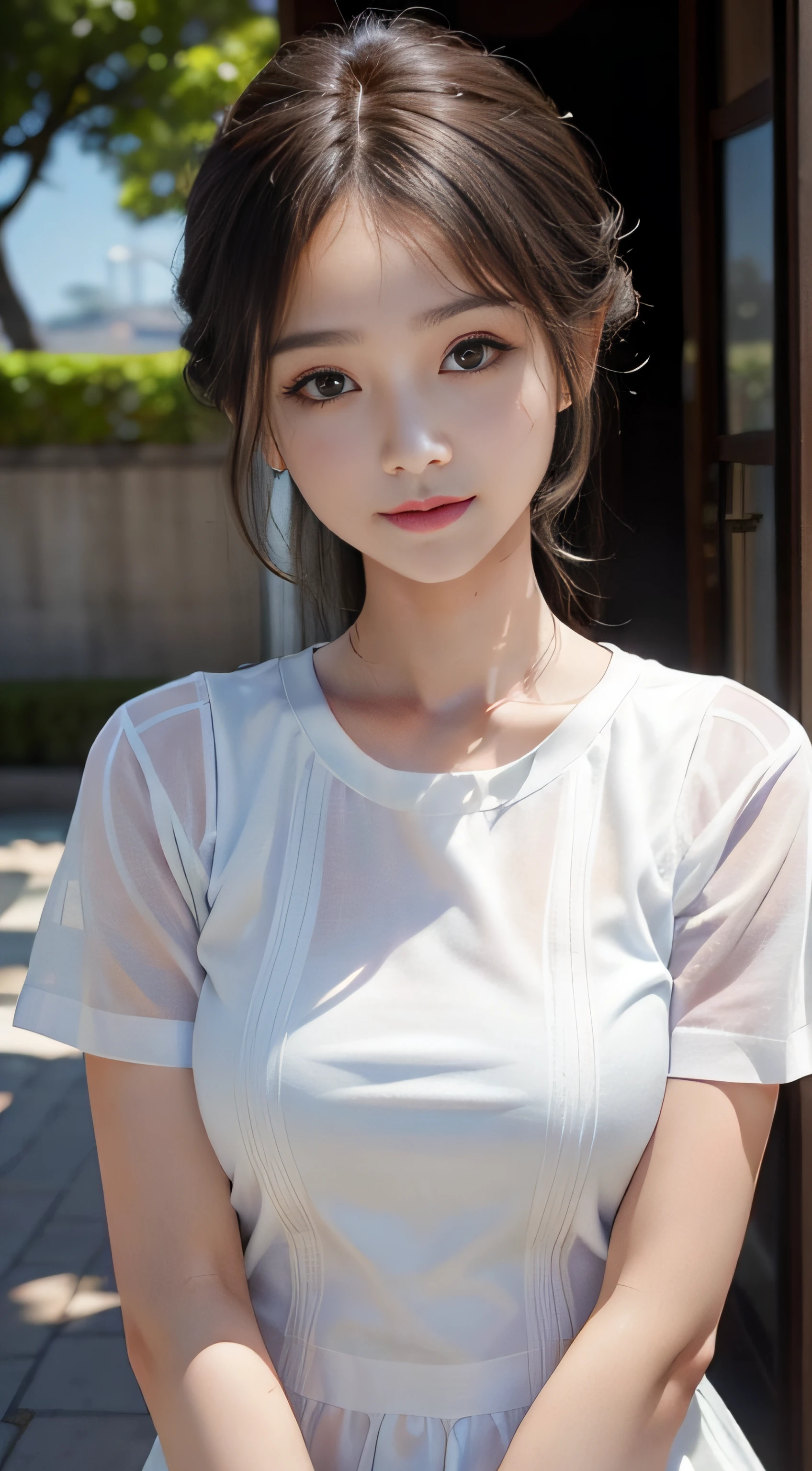 masterpiece、Top image quality:1.2、((beautiful young woman with))、Transparent skin:1.2、{A slight smil}、(kawaii)、Short sleeve knit、luxury hotel、depth of fields、Sharp Focus、Fine details