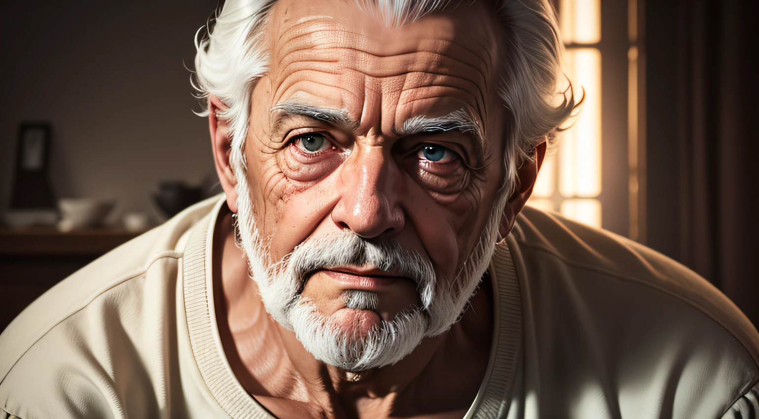 Retrato de um homem velho, 4K Cinematic Photographic Lighting, intrincado, liso, foco nítido, com blusa casual