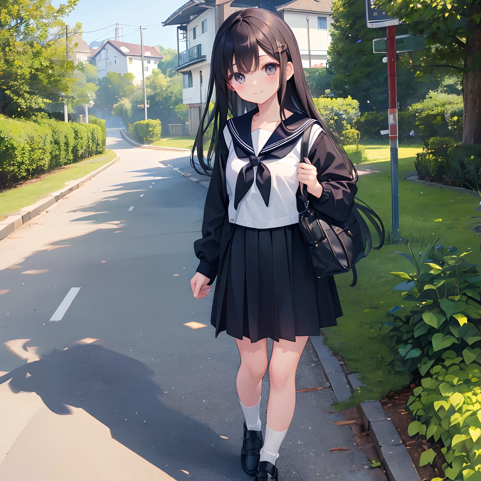 1girl in、1 persons、Dark hair、The long-haired、Black eyes、stroll、a sailor suit、校服、Wagas、countryside、verdant、bicycle、cardigan、stroll、ami、A smile、laught、Daytime、Shoulder bag、a miniskirt、Leather shoes、sockes