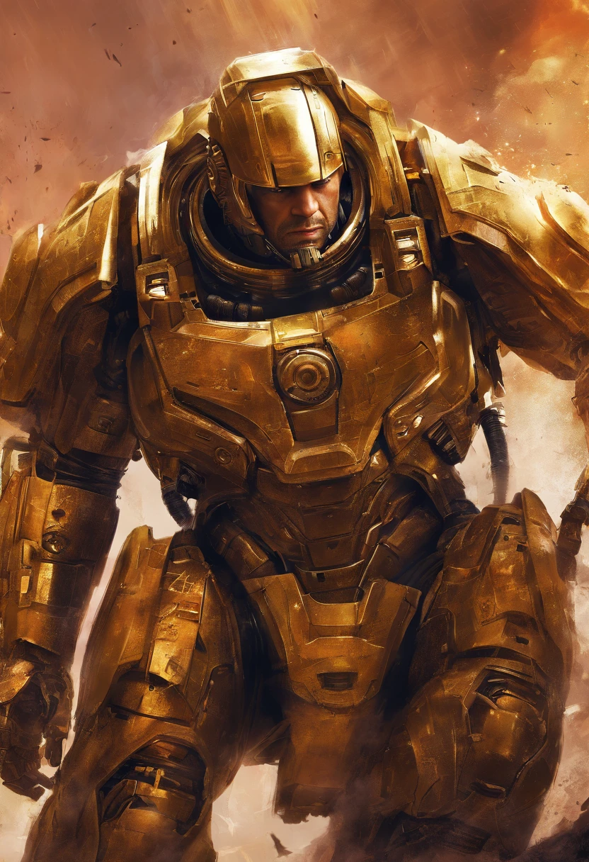 Vin diesel like Um Astartes marinho espacial altamente realista, in his golden steel Power armor, Cor vermelha, Ultra realismo, best quality, Martelo de guerra40k