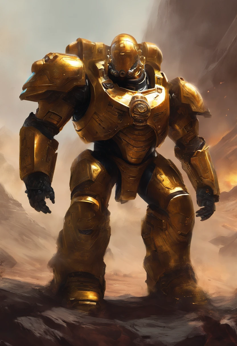 Vin diesel like Um Astartes marinho espacial altamente realista, in his golden steel Power armor, Cor vermelha, Ultra realismo, best quality, Martelo de guerra40k