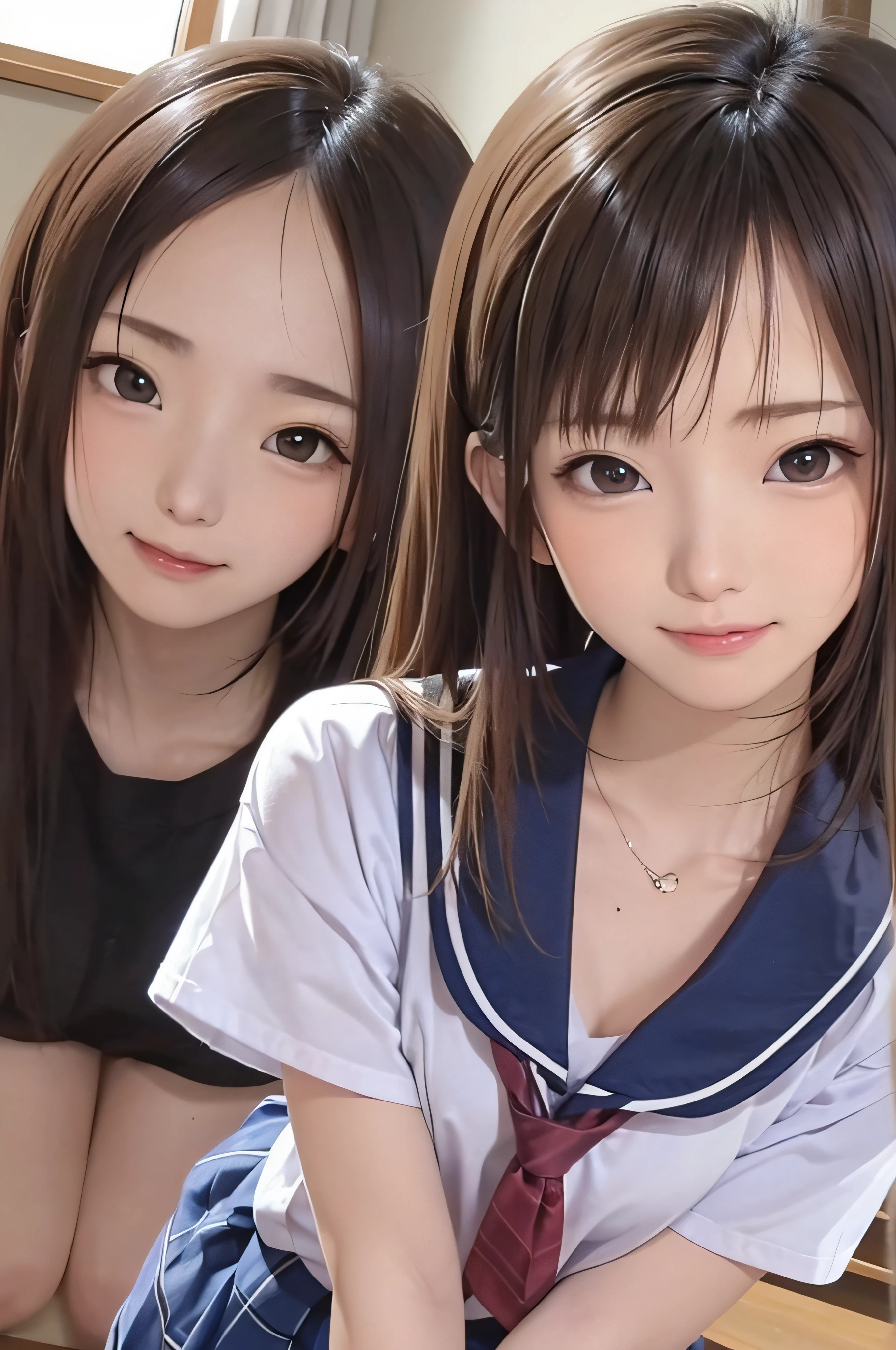 、brown haired、beautidful eyes、real looking skin、hi-school girl、small tits、(8K、masterpiece)、(reallistic、Photorealsitic)、top-quality、ighly detailed、The ultra-detailliert、Beautie、cute little、japanes、a smile、Close-up portrait、Healthy face、School uniform、plaid skirts