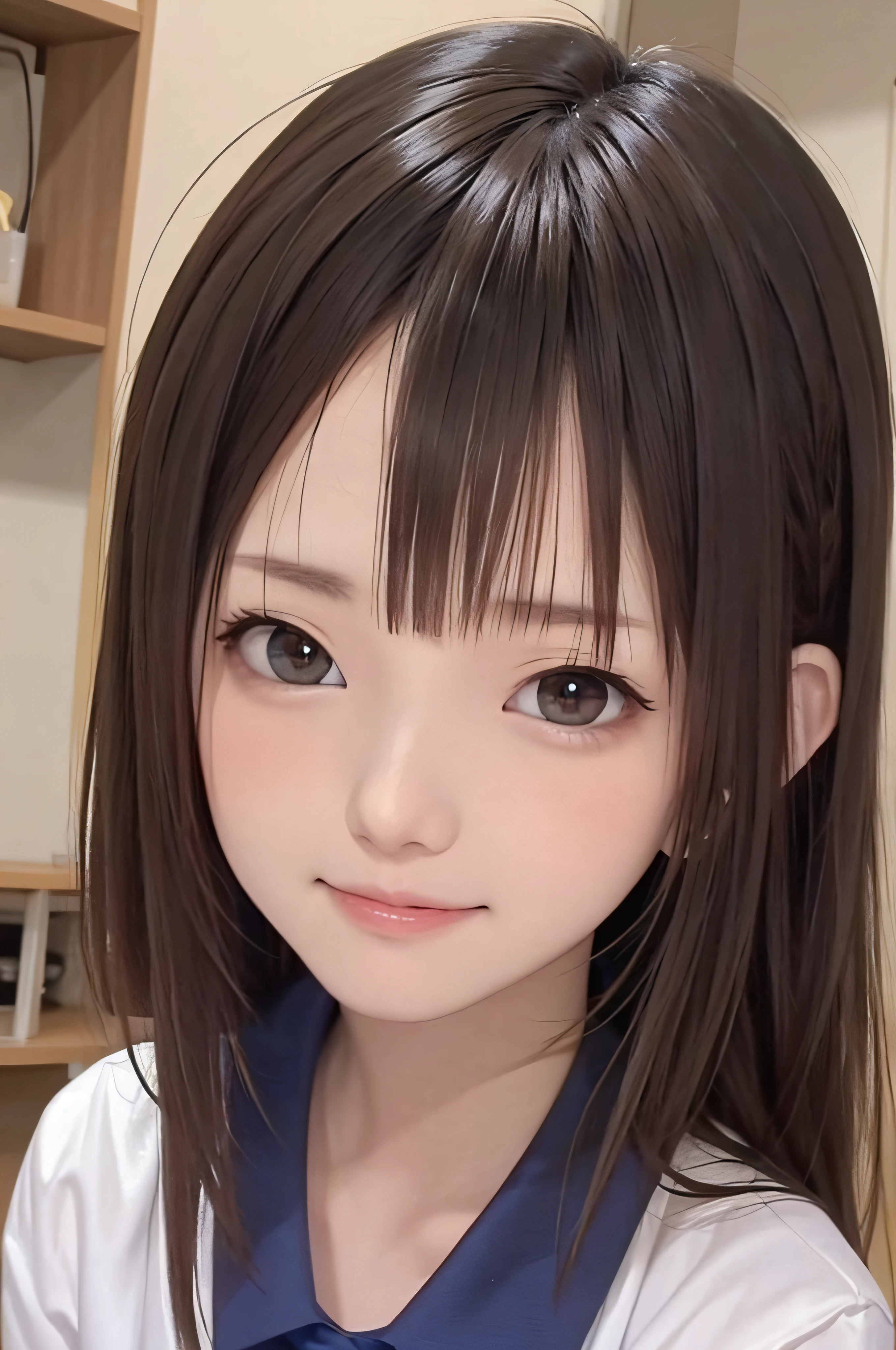 15yo student、brown haired、beautidful eyes、real looking skin、hi-school girl、small tits、(8K、​masterpiece)、(reallistic、Photorealsitic)、top-quality、ighly detailed、The ultra-detailliert、Beautie、cute little、japanes、a smile、Close-up portrait、Healthy face、School uniform、plaid skirts