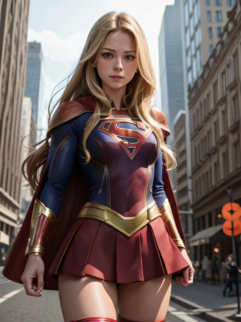 1girl in、Melissa Benoist - SMF、blondehair、Superhero、Long hair、Beautiful lips、Outer Armor、body suit、Red skirt、long boots、red footwear、hightquality、hight resolution、​masterpiece、foco nítido、photographrealistic、Raw photography、bustshot、lighting like a movie、Detailed skin texture、Detailed fabric texture、beautifull detailed face、intricate-detail、ultra-detailliert、Perfect physique、tall、smil、Focus from the chest up、Put on a Supergirl costume、disheveled blonde、Dynamic action、Look at viewers、the background is a tall building