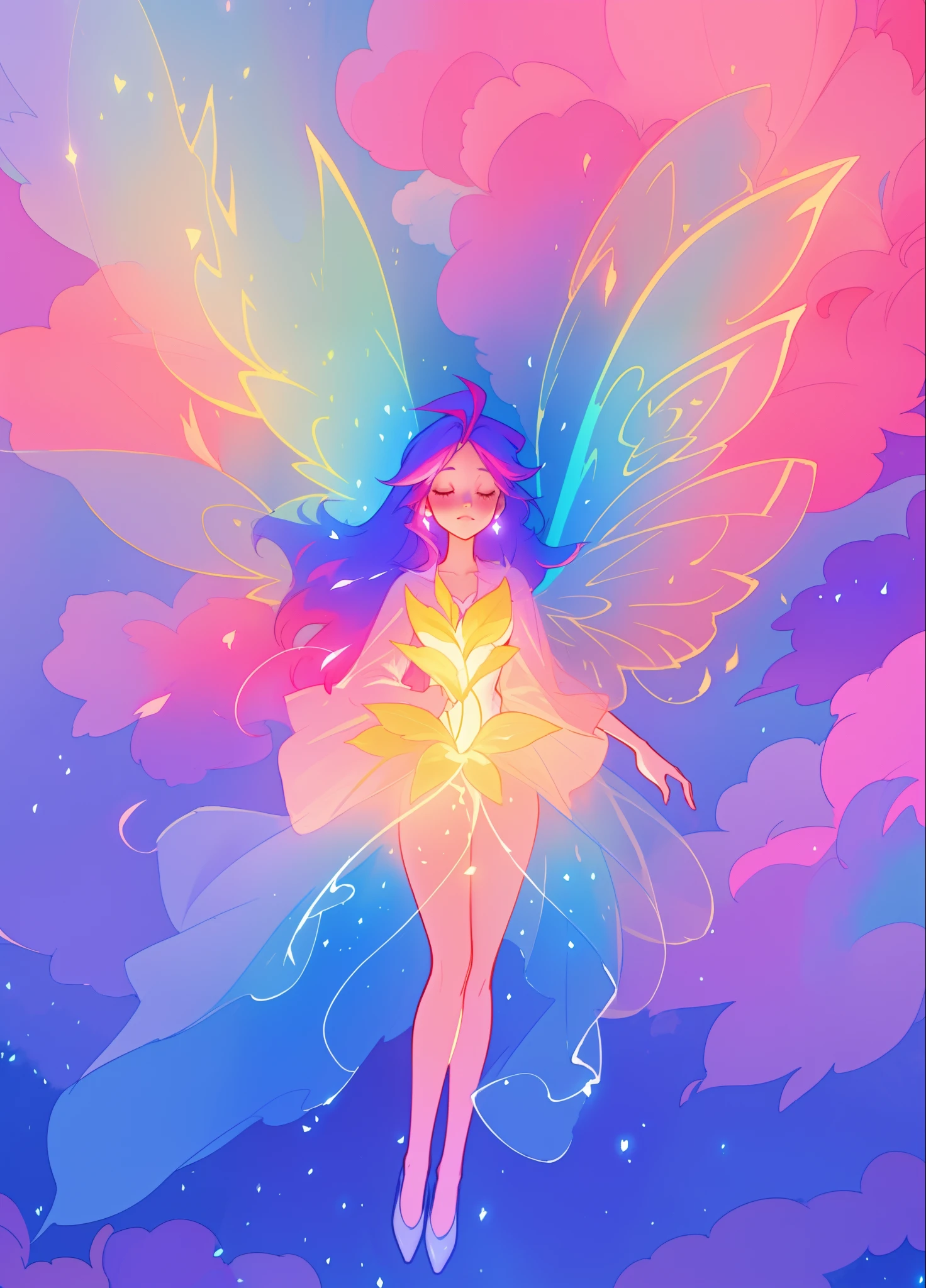 beautiful girl in flowing layered puff long sleeve ballgown, (large fairy wings), glowing flowing ballgown, glowing red hair, sparkling fairy wings, watercolor illustration, flowers and colorful plants, inspired by Glen Keane, inspired by Lois van Baarle, disney art style, by Lois van Baarle, glowing aura around her, by Glen Keane, jen bartel, glowing lights! digital painting, flowing glowing hair, glowing flowing hair, beautiful digital illustration, fantasia otherworldly landscape plants flowers, beautiful, masterpiece, best quality, anime disney style