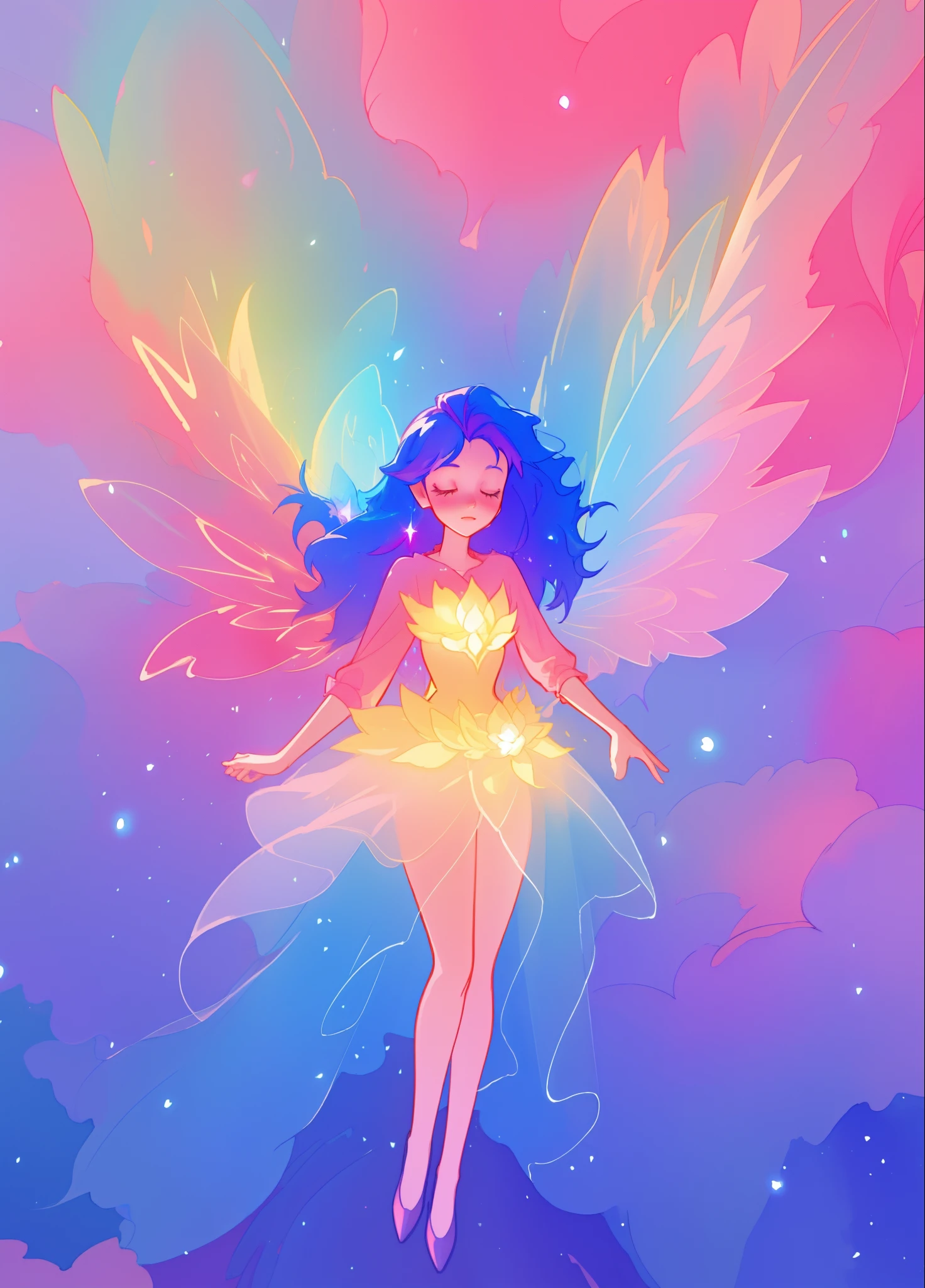 beautiful girl in flowing layered puff long sleeve ballgown, (large fairy wings), glowing flowing ballgown, glowing red hair, sparkling fairy wings, watercolor illustration, flowers and colorful plants, inspired by Glen Keane, inspired by Lois van Baarle, disney art style, by Lois van Baarle, glowing aura around her, by Glen Keane, jen bartel, glowing lights! digital painting, flowing glowing hair, glowing flowing hair, beautiful digital illustration, fantasia otherworldly landscape plants flowers, beautiful, masterpiece, best quality, anime disney style