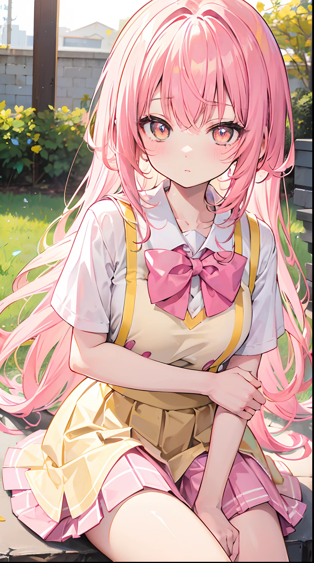 1 girl in, Pink hair, long twintails, Pink shirt, puffy collar, White fluffy skirt, Use your hands to control your heart, White ribbon on hair, Lots of hair accessories, ta