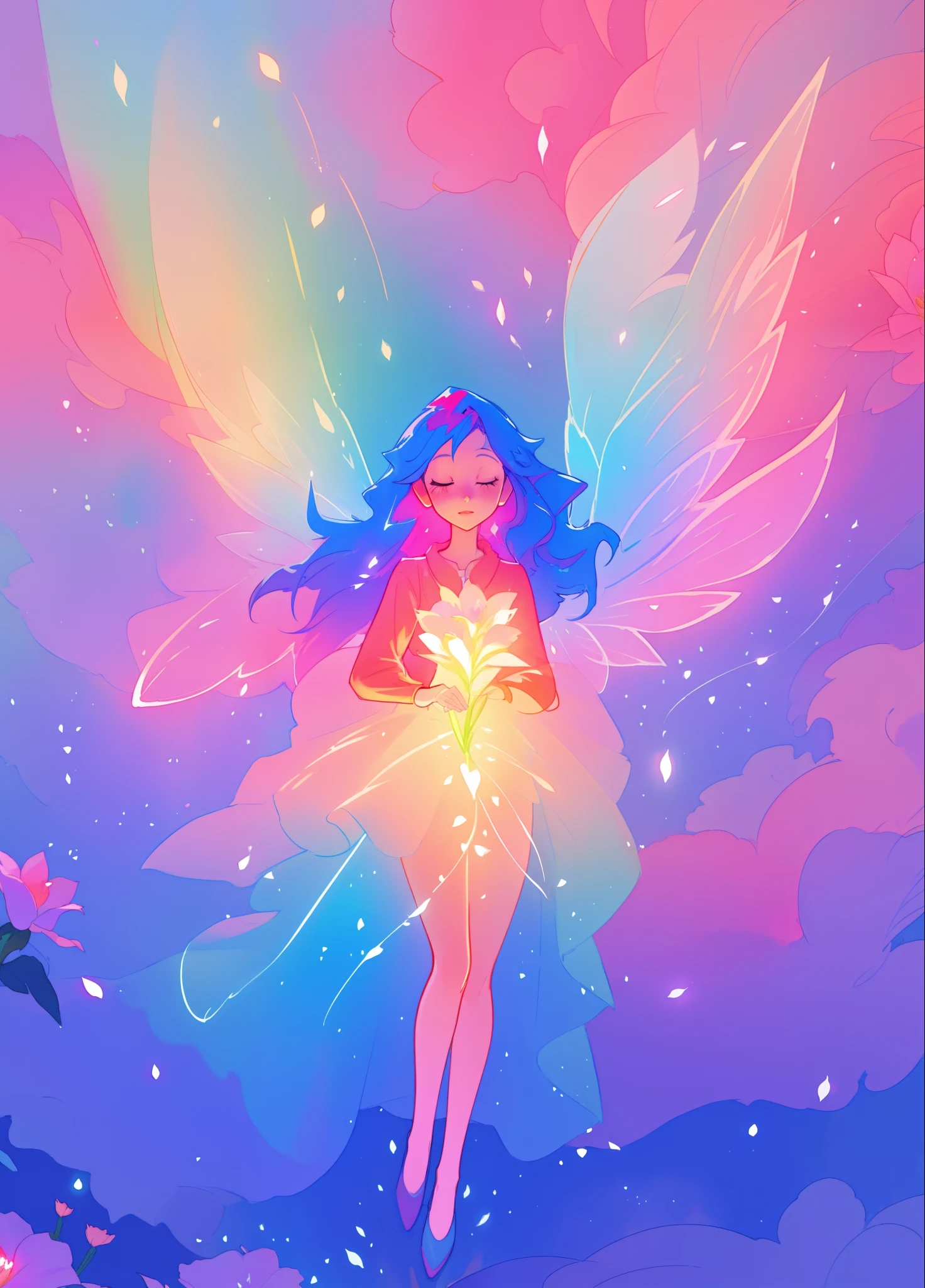 beautiful girl in flowing layered puff long sleeve ballgown, (large fairy wings), glowing flowing ballgown, glowing red hair, sparkling fairy wings, watercolor illustration, flowers and colorful plants, inspired by Glen Keane, inspired by Lois van Baarle, disney art style, by Lois van Baarle, glowing aura around her, by Glen Keane, jen bartel, glowing lights! digital painting, flowing glowing hair, glowing flowing hair, beautiful digital illustration, fantasia otherworldly landscape plants flowers, beautiful, masterpiece, best quality, anime disney style