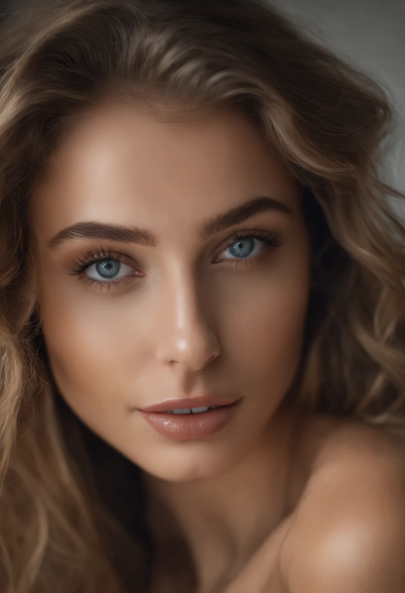 arafed woman with no top and panties, sexy girl with blue eyes, portrait sophie mudd, brown hair and large eyes, selfie of a young woman, bedroom eyes, violet myers, without makeup, natural makeup, looking directly at the camera, face with artgram, subtle makeup, stunning full body shot, cleavage, at a night club