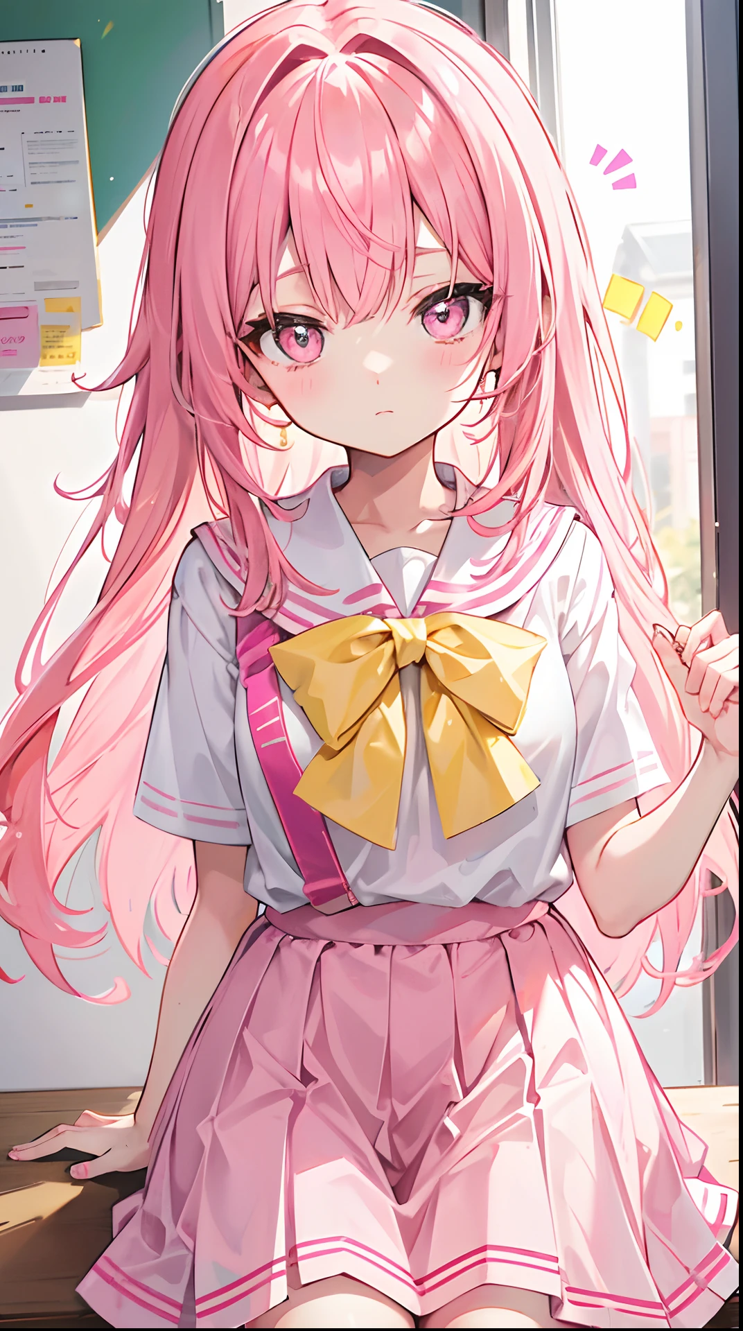 Glowing light pink yellow with hair and pupils,School uniforms in pink, yellow and white,Sweet girl,The whole is shining