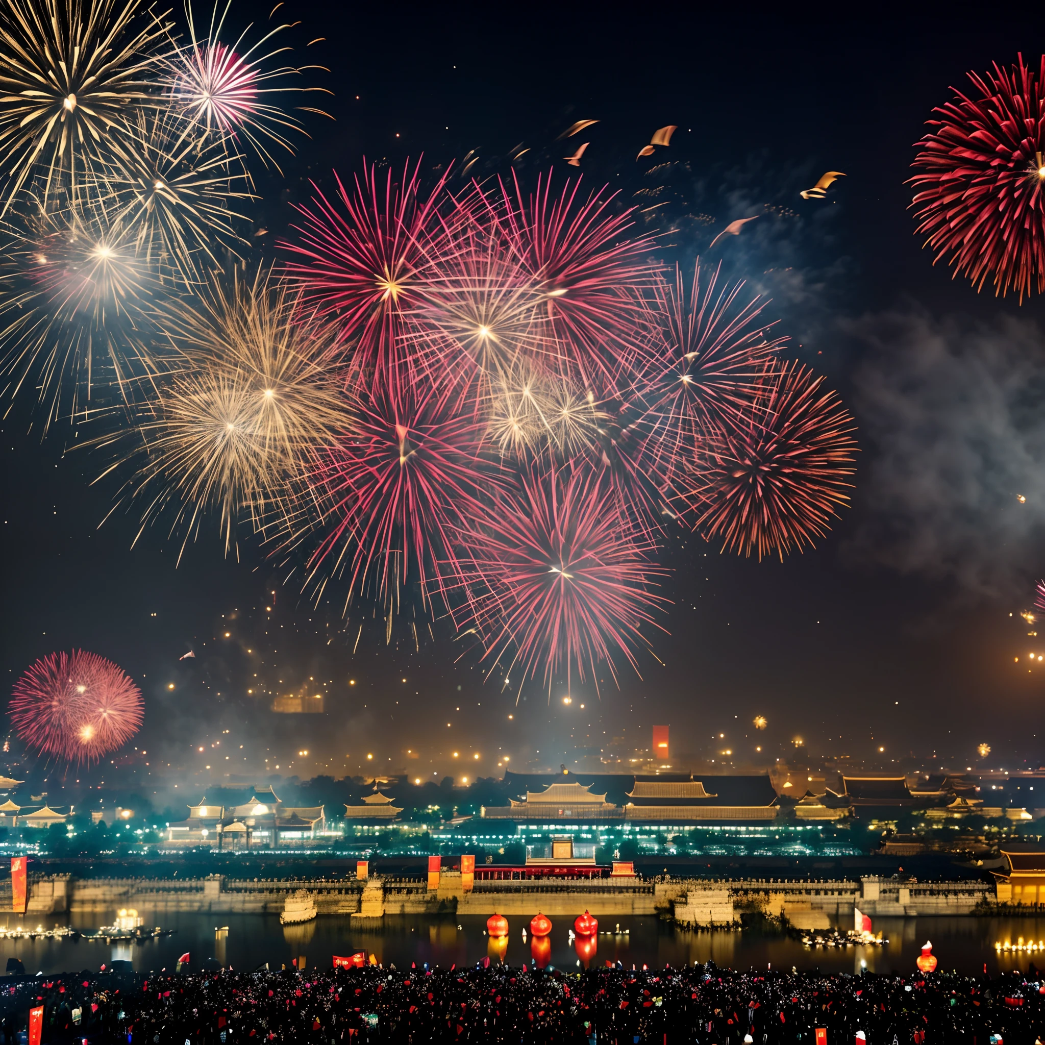 In front of the Forbidden City, In the distance, Happy people，Lanterns float in the air，Doves of peace are flying，Red flags flying,National Day atmosphere，firework，large moon，The overall picture is located in the lower center