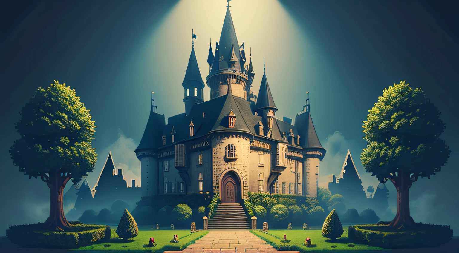 Make a backdrop and sprite of a haunted castle floor and background in Pixelart Sprite shapes, "sem personagens, cartoonizado, Pixelart scenery floor and haunted castle background, de noite