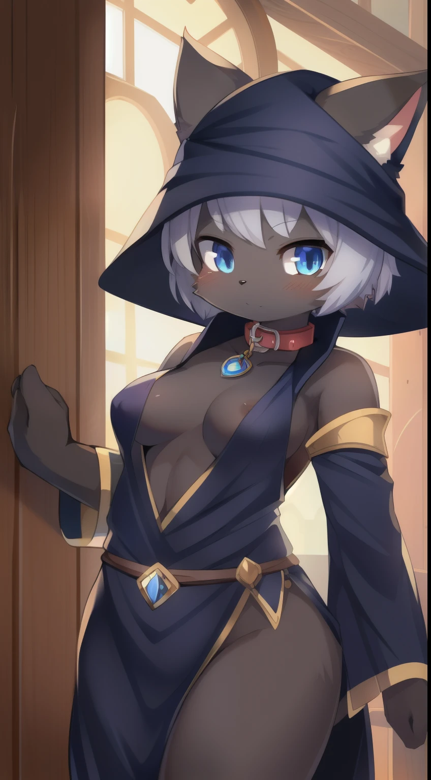 masterpiece, solo, 1girl, Furry, kemono, furry cat, anthropomorphic, female, black fur, black skin, blue eyes, medium breasts, wizard clothes, slave collar, sexy clothes, fantasy town, uploaded on e621,