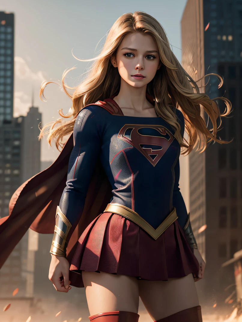 1girl in、Melissa Benoist - SMF、blondehair、Superhero、Long hair、Beautiful lips、Outer Armor、body suit、Red skirt、long boots、red footwear、hightquality、hight resolution、​masterpiece、foco nítido、photographrealistic、Raw photography、bustshot、lighting like a movie、Detailed skin texture、Detailed fabric texture、beautifull detailed face、intricate-detail、ultra-detailliert、Perfect physique、tall、smil、Focus from the chest up、Put on a Supergirl costume、disheveled blonde、Dynamic action、Look at viewers、the background is a tall building