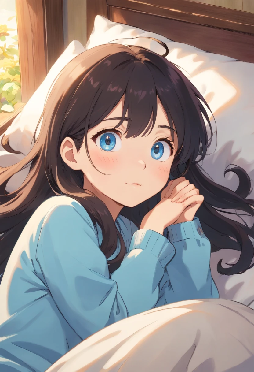 Best Quality,4K,8K,hight resolution,masutepiece:1.2),Ultra-detailed, in a house、Sleeping in bed、Where the morning sun shines in and wakes up、Gentle soft smile,Long black hair、Button pajamas that are only a little fluttering、Budgerigars are singing and waking up、With a beautiful song、Beautiful,Beautiful detailed eyes,Sparkling eyes,Highlighted eyes,Soft blue eyes,Portraits,Subtle tones,Soft lighting