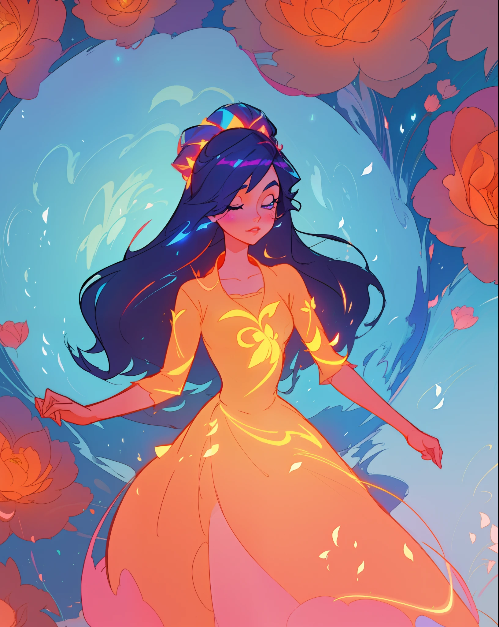 beautiful girl in flowing ballgown, inspired by Glen Keane, inspired by Lois van Baarle, disney art style, by Lois van Baarle, glowing aura around her, by Glen Keane, jen bartel, glowing lights! digital painting, flowing glowing hair, glowing flowing hair, beautiful digital illustration, fantasia otherworldly landscape plants flowers, beautiful, masterpiece, best quality, anime disney style