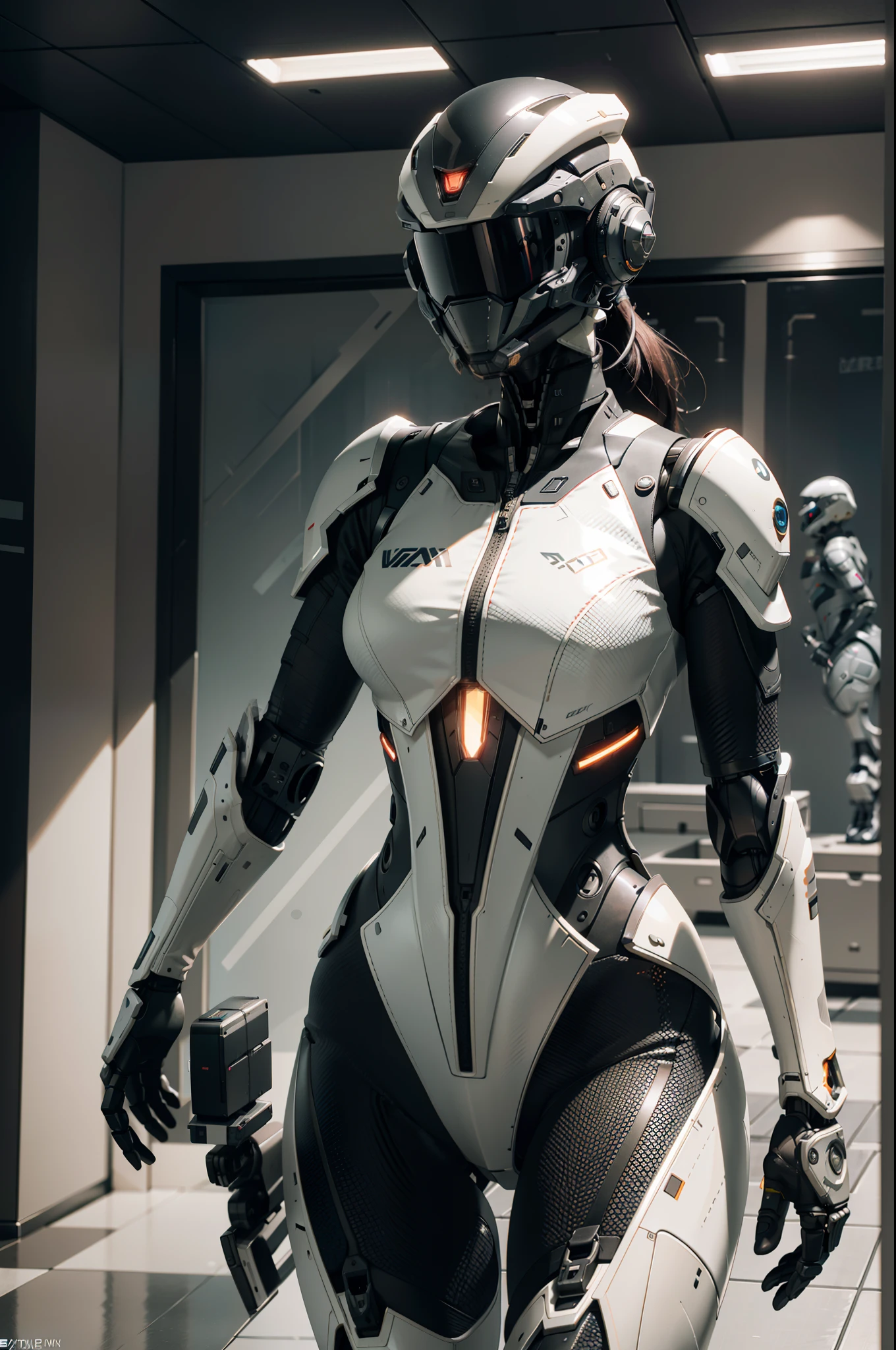 official art, unity 8k wallpaper, ultra detailed, aesthetic, masterpiece, best quality, hyperrealistic and intricate detail, portrait of a military nousr robot, warframe, full robot helmet, character design, detailed helmet, in the style of dieter rams and boston dynamics, robot, highly detailed, intricate details, symmetrical, digital 3d, hard surface, real-time, vfx, volumetric lighting, ambient light, ultra hd, hdr, depth of field, macro shot