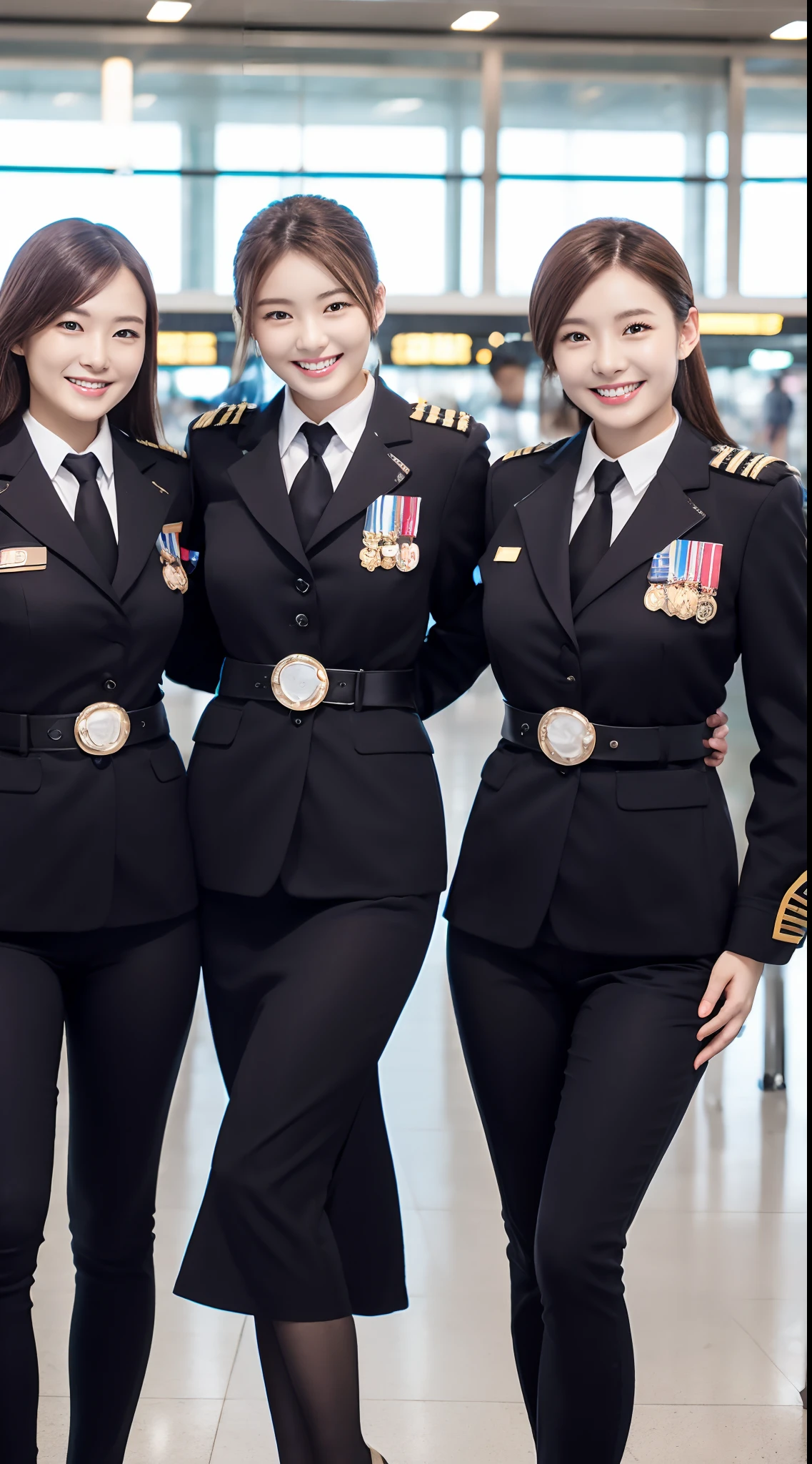 5 woman、pilot uniform、high quality、photo realistic、healthy、Smiling expression、Slender perfect figure、Chinese beauties、beautiful eyes、face perfect、Beautiful skin、airport background