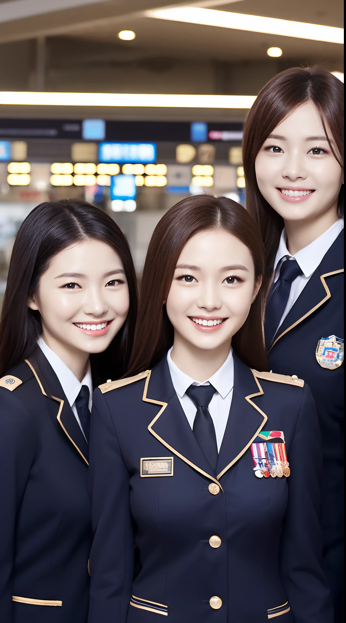 5 woman、pilot uniform、high quality、photo realistic、healthy、Smiling expression、Slender perfect figure、Chinese beauties、beautiful eyes、face perfect、Beautiful skin、airport background