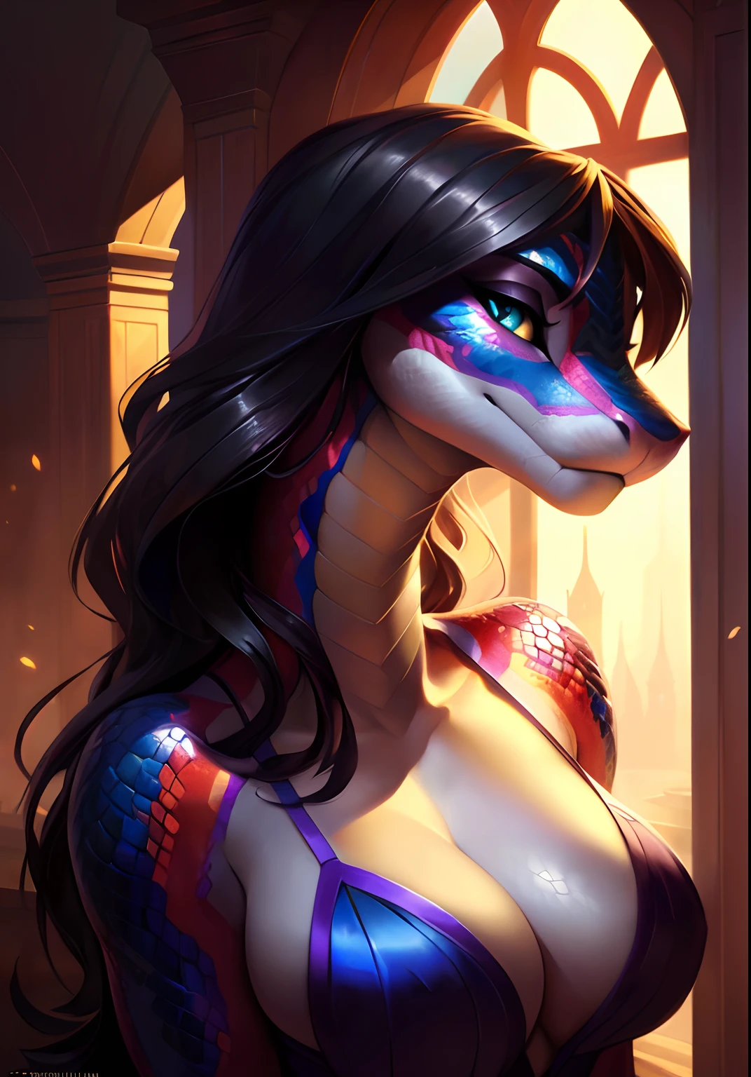 Uploaded on e621, by Pixelsketcher, by Bayard Wu, by Thomas Benjamin Kennington , by Einshelm, solo anthro, ((face portrait)), BREAK, shake hissing, sweet look, (detailed Bonifasko lighting), (detailed scales), (detailed skin), (colorful snake, colorful snake, colorful snake), (extremely long neck), (her own hands holding her own face), BREAK, ((snake hissing)), ((SFW)), ((long thick colorful tail)), ((wavy black hair)), ((facing viewer)), (cinematic lighting), ((detailed background)), ((face portrait view)), (((face view))), (half body shadow), [backlighting], [crepuscular ray], [detailed ambient light], [gray natural lighting], [ambient light], (higher wildlife feral detail), [explict content], [sharp focus], (questionable content), (shaded), ((masterpiece), hissing, her own hands holding her own face, wavy hair, medium scales breasts, breasts, furry colorful snake, snake face, furry Fantasy Art, furry Art, Commission for High Res, anthro Art, Art,Sakimichan beautiful, masterpiece, medium breasts, best quality, detailed image, bright colors, detailed face, perfect lighting, perfect shadows, perfect eyes, girl focus, snake eyes, flawless face, big breasts, extremely long neck, face focus, ((long thick colorful tail)) snake, snake girl, scales, scales woman, snake nose, large long muzzle, wavy black hair, colorful scales, gaze at the viewer, half-closed eyes, 1girl, solo, (masterpiece), (best quality), (illustration), (cinematic lighting), long hair, detailed scales, balanced coloring, global illumination, ray tracing, good lighting, scales, anthro, showing breasts, cleavage, looking at viewer, seductive look, SFW