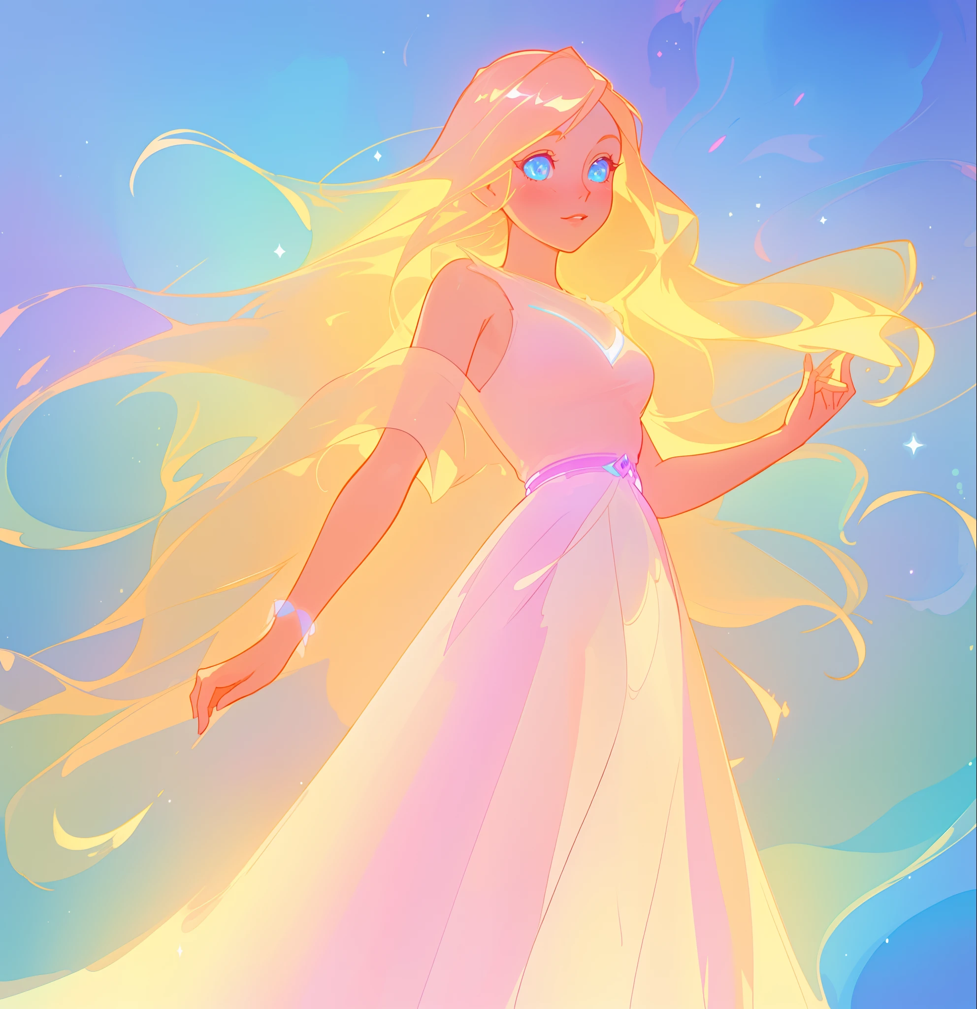 beautiful anime girl in glowing dress, inspired by Glen Keane, inspired by Lois van Baarle, disney art style, by Lois van Baarle, glowing aura around her, by Glen Keane, jen bartel, glowing lights! digital painting, flowing glowing hair, glowing flowing hair, beautiful digital illustration, fantasia background, whimsical, magical, fantasy, beautiful face, ((masterpiece, best quality)), intricate details, highly detailed, sharp focus, 8k resolution, sparkling detailed eyes, liquid watercolor
