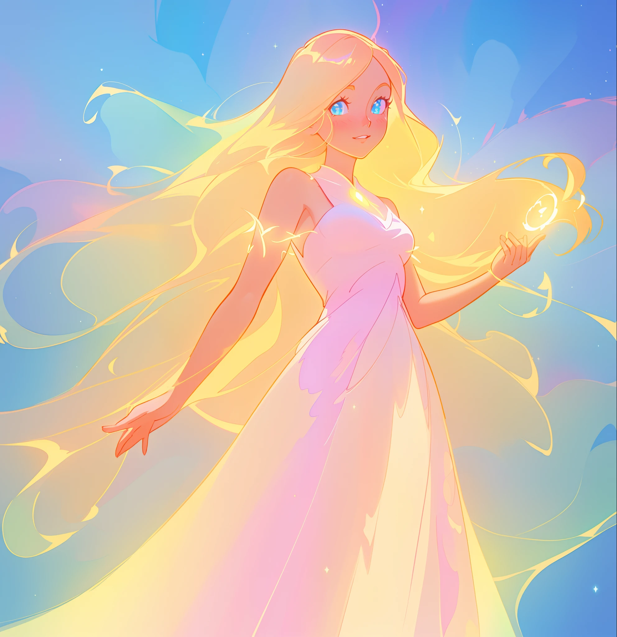 beautiful anime girl in glowing dress, inspired by Glen Keane, inspired by Lois van Baarle, disney art style, by Lois van Baarle, glowing aura around her, by Glen Keane, jen bartel, glowing lights! digital painting, flowing glowing hair, glowing flowing hair, beautiful digital illustration, fantasia background, whimsical, magical, fantasy, beautiful face, ((masterpiece, best quality)), intricate details, highly detailed, sharp focus, 8k resolution, sparkling detailed eyes, liquid watercolor