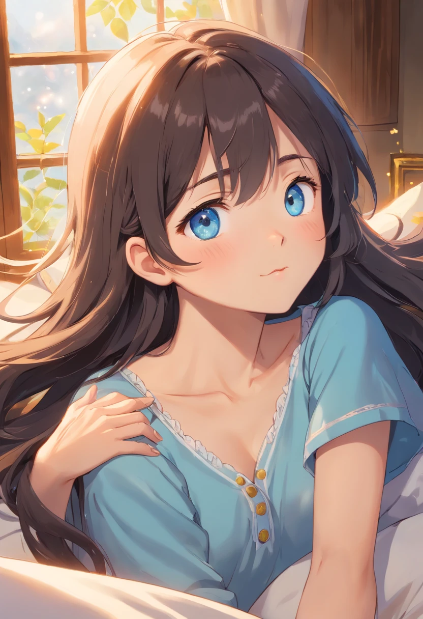 (best quality,4k,8k,highres,masterpiece:1.2),ultra-detailed,  a girl sleeping on a bed inside a house, with the morning sun shining through and illuminating the scene, a gentle soft smile on her face, beautiful long black hair, wearing a slightly unbuttoned pajama, being awakened and serenaded by a beautiful song sung by a budgerigar, beautiful detailed eyes, sparkling eyes, eyes with highlighted details, soft blue eyes, a portrait painting, subtle color tones, soft lighting