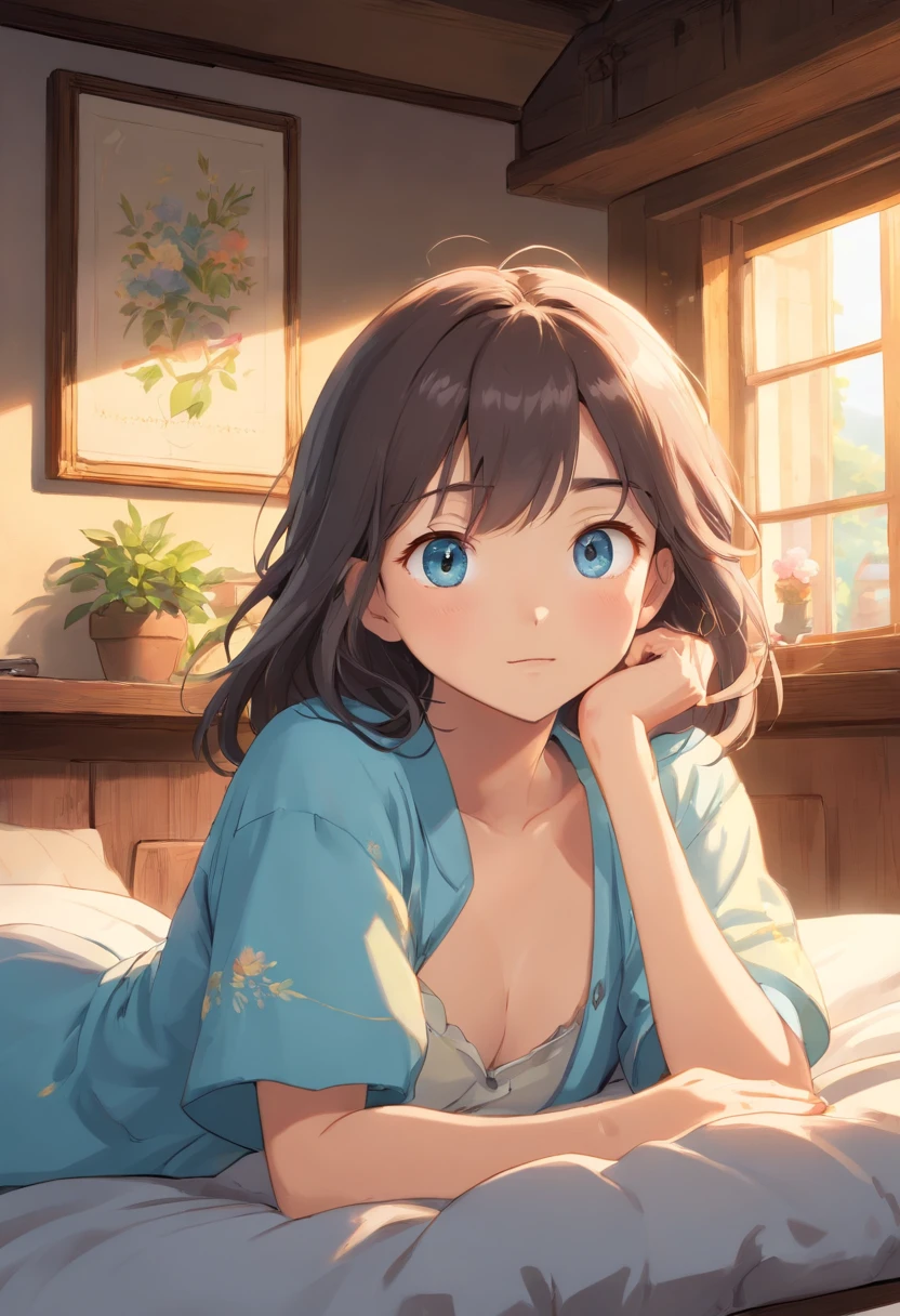 (best quality,4k,8k,highres,masterpiece:1.2),ultra-detailed,  a girl sleeping on a bed inside a house, with the morning sun shining through and illuminating the scene, a gentle soft smile on her face, beautiful long black hair, wearing a slightly unbuttoned pajama, being awakened and serenaded by a beautiful song sung by a budgerigar, beautiful detailed eyes, sparkling eyes, eyes with highlighted details, soft blue eyes, a portrait painting, subtle color tones, soft lighting