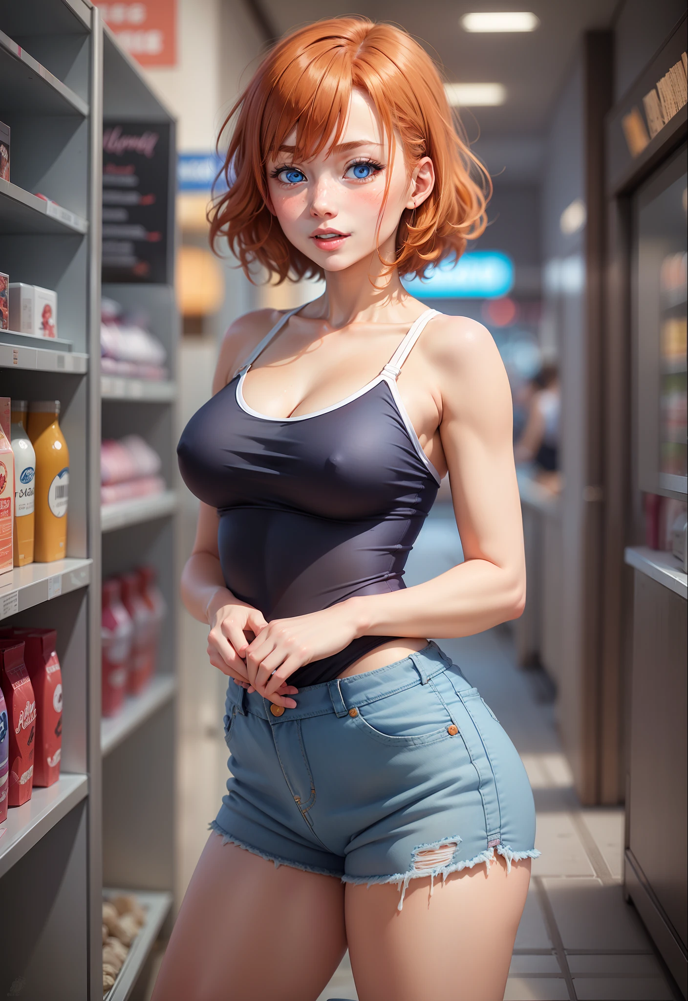 Masterpiece,best quality, detailed face, realistic art,Kousaka honoka, blue eyes, orange hair, masterpiece, upper body, standing, solo focus, short hair, medium breasts, one-piece_tan, tan, cleavage, bikni top, denim jeans shorts, looking at viewer, mall, (blush:1.2), happy, side view