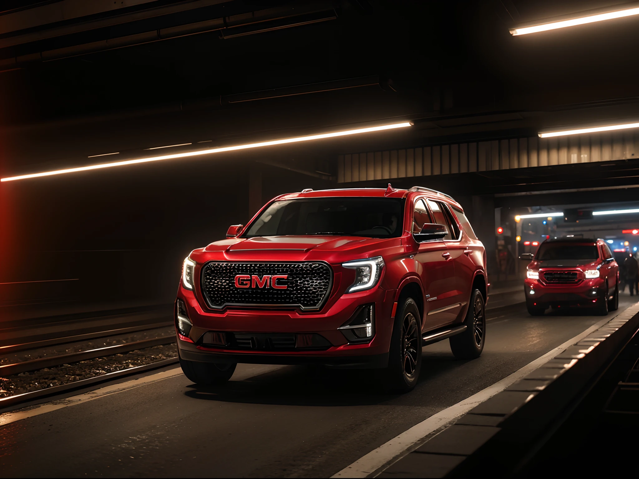 2022 GMC Yukon, red car, two hidden machine guns in front bumper, racing in New York subway rail tracks, gritty lighting, action photo, solo, cowboy shot