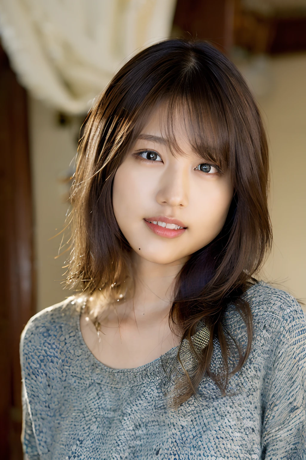 (8k, RAW photo, best quality, masterpiece:1.2), (realistic, photo-realistic:1.37), ultra-detailed, ultra high res,1 girl,looking at viewer,beautiful detailed face,smile,narrow,(slim waist:1.3),shirt, beautiful detailed skin, skin texture, floating hair,professional lighting,