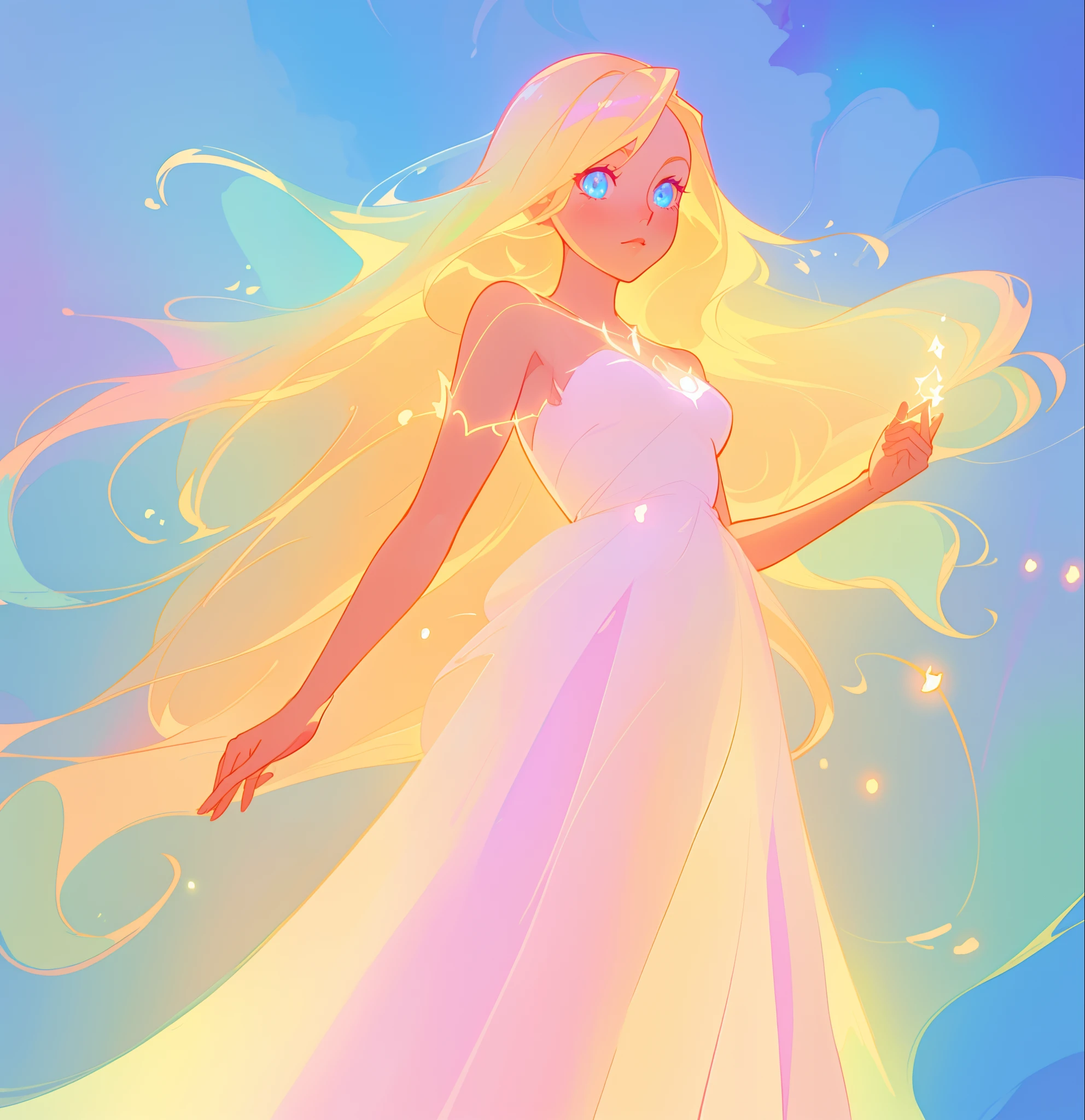 beautiful anime girl in glowing dress, inspired by Glen Keane, inspired by Lois van Baarle, disney art style, by Lois van Baarle, glowing aura around her, by Glen Keane, jen bartel, glowing lights! digital painting, flowing glowing hair, glowing flowing hair, beautiful digital illustration, fantasia background, whimsical, magical, fantasy, beautiful face, ((masterpiece, best quality)), intricate details, highly detailed, sharp focus, 8k resolution, sparkling detailed eyes, liquid watercolor