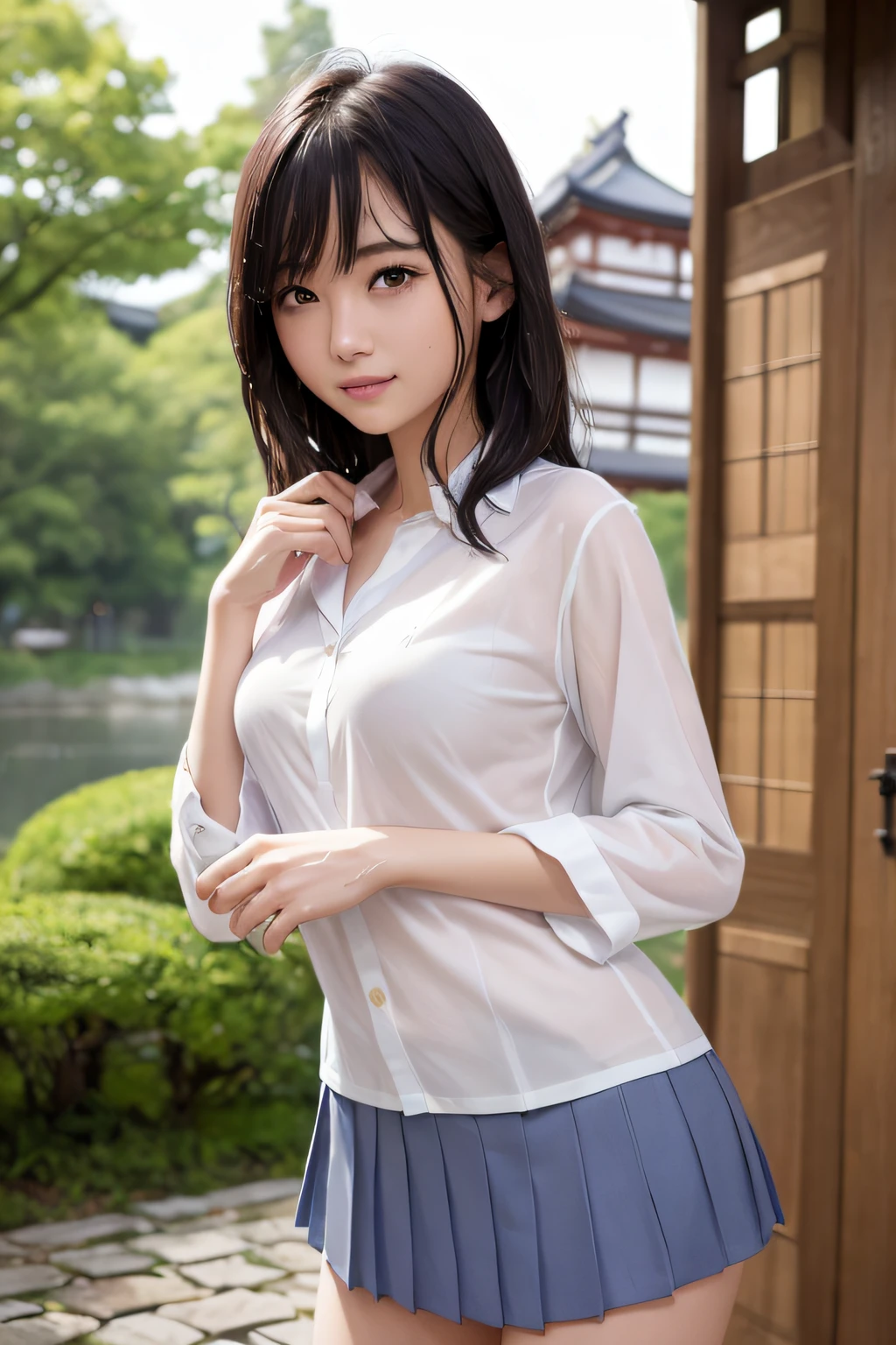 Best Quality、masutepiece、超A high resolution、(Photorealistic:1.4)、(Thin eyebrows:0.2)、(thin lipss:0.8)、(small nose:0.8)、Appearance without makeup、japanes、infp young woman、short-hair、(japanese hight school uniform:1.2)、The shirt、pleatedskirt、hiding breast、Naughty smile、(the perfect body:1.2)、(wetting hair:1.4)、(Wet clothes:1.3)、(Underwear with showing through:1.3)、a park、View after rain、By Michelangelo