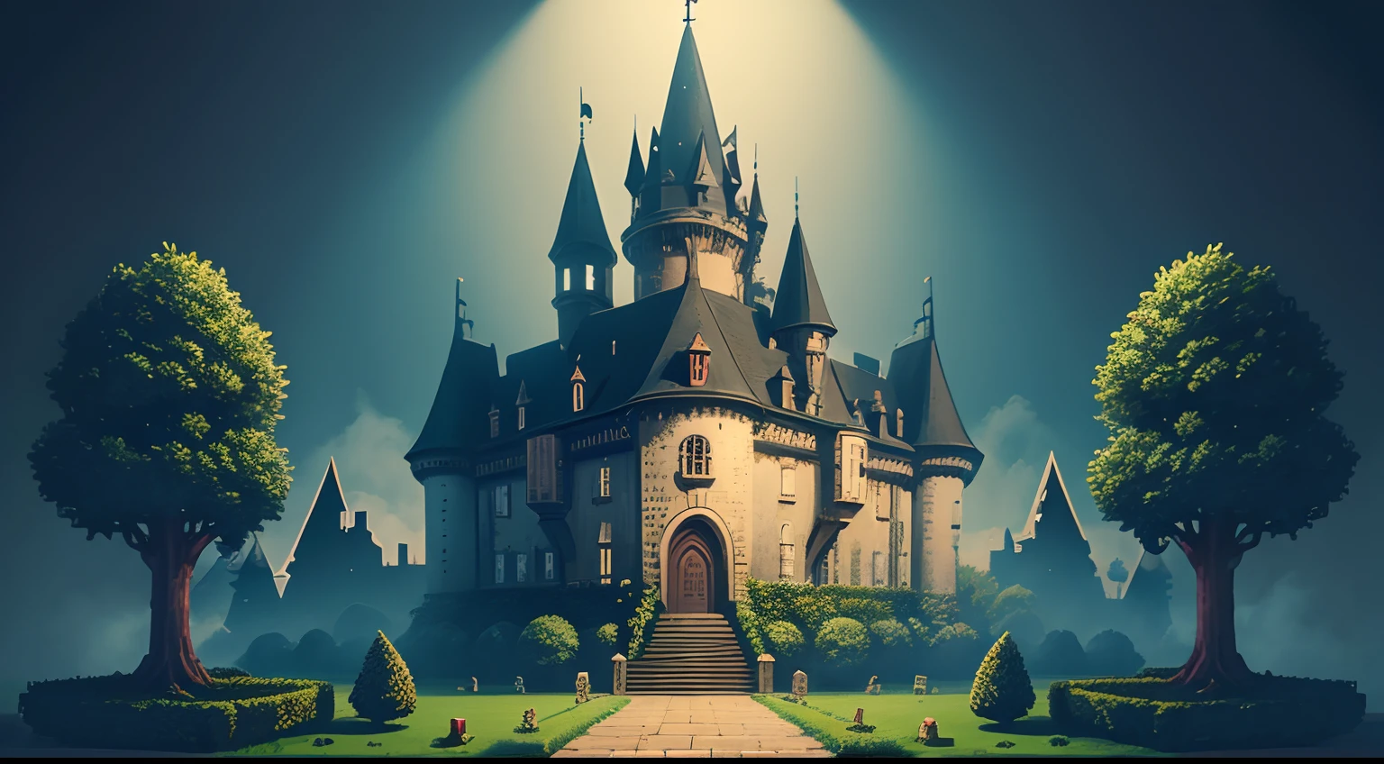 Make a backdrop and sprite of a haunted castle floor and background in Pixelart Sprite shapes, "sem personagens, cartoonizado, Pixelart scenery floor and haunted castle background, de noite