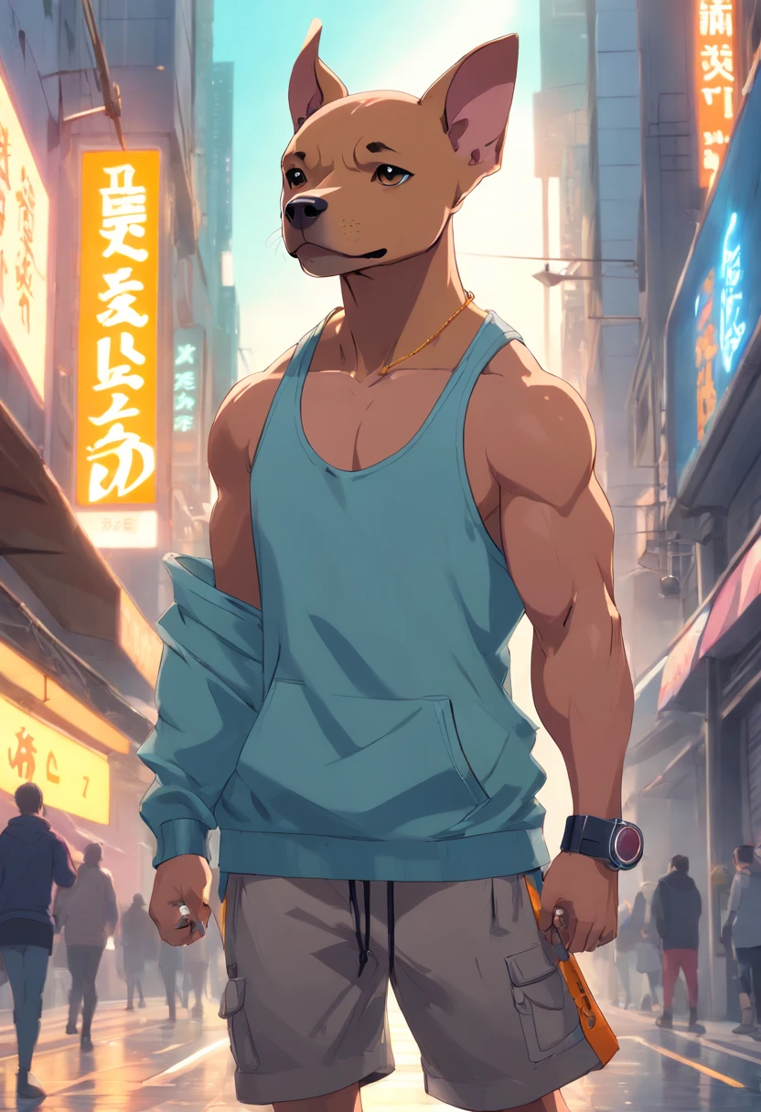 ((foto crua)), ((obra-prima)), Anthropomorphic humanoid pitbull wearing (((roupas de streetwear))), caminhando furiosamente entre as pessoas, detalhe intrincado, intricate Greebles pieces, wall street behind, corpo musculoso, (((large muscles))), muscular arms, (small head), Ogro monstruoso, Titan soft lighting, Hiper realista, soft-lighting, Ambiente sinistro