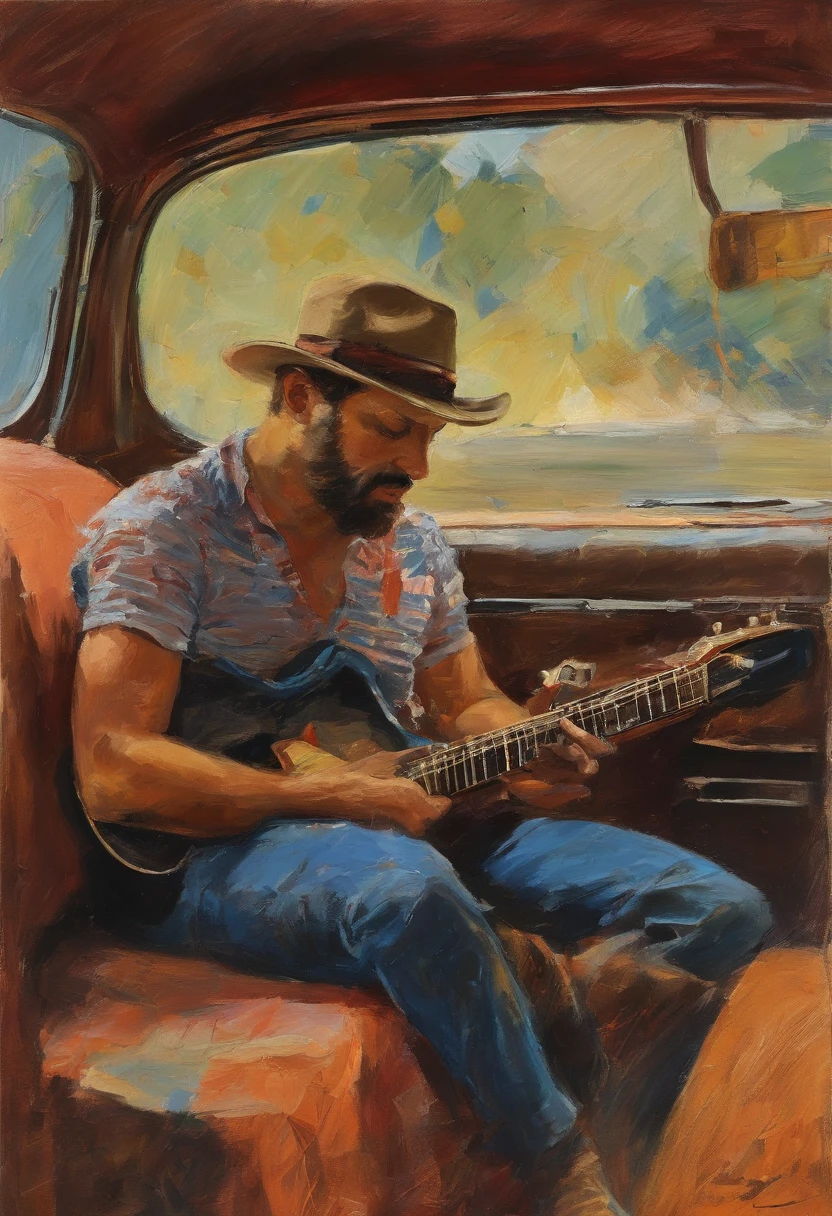 Arafed man sitting in the back of a car playing a guitar, carregando uma guitarra, Brasil, Neil Jovem, Leonardo Cohen, fotografia promocional, 1976, 1 9 7 6, Estreito de George, an album cover, Directed by: Ray Parker, hunter s thompson, O guitarrista, 1978, 1 9 7 8, 1972, cores vibrantes.