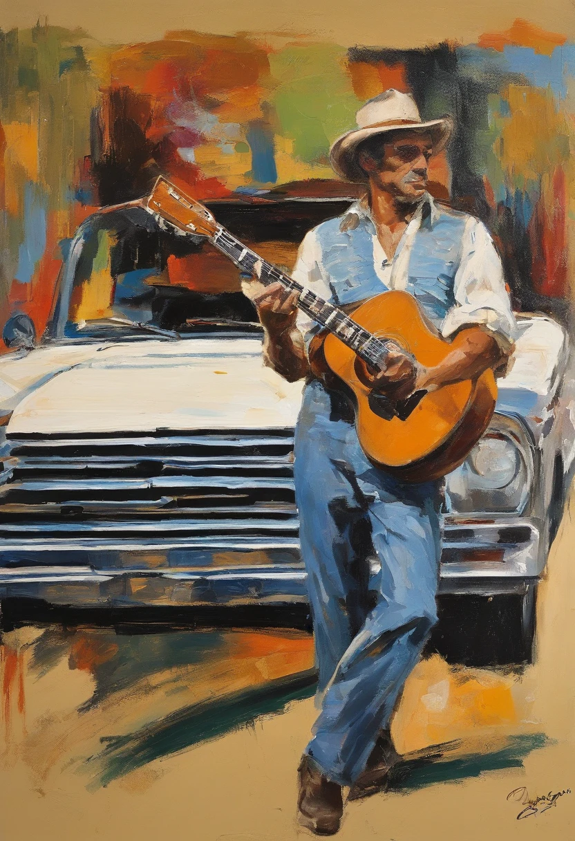 Arafed man sitting in the back of a car playing a guitar, carregando uma guitarra, Brasil, Neil Jovem, Leonardo Cohen, fotografia promocional, 1976, 1 9 7 6, Estreito de George, an album cover, Directed by: Ray Parker, hunter s thompson, O guitarrista, 1978, 1 9 7 8, 1972, cores vibrantes.