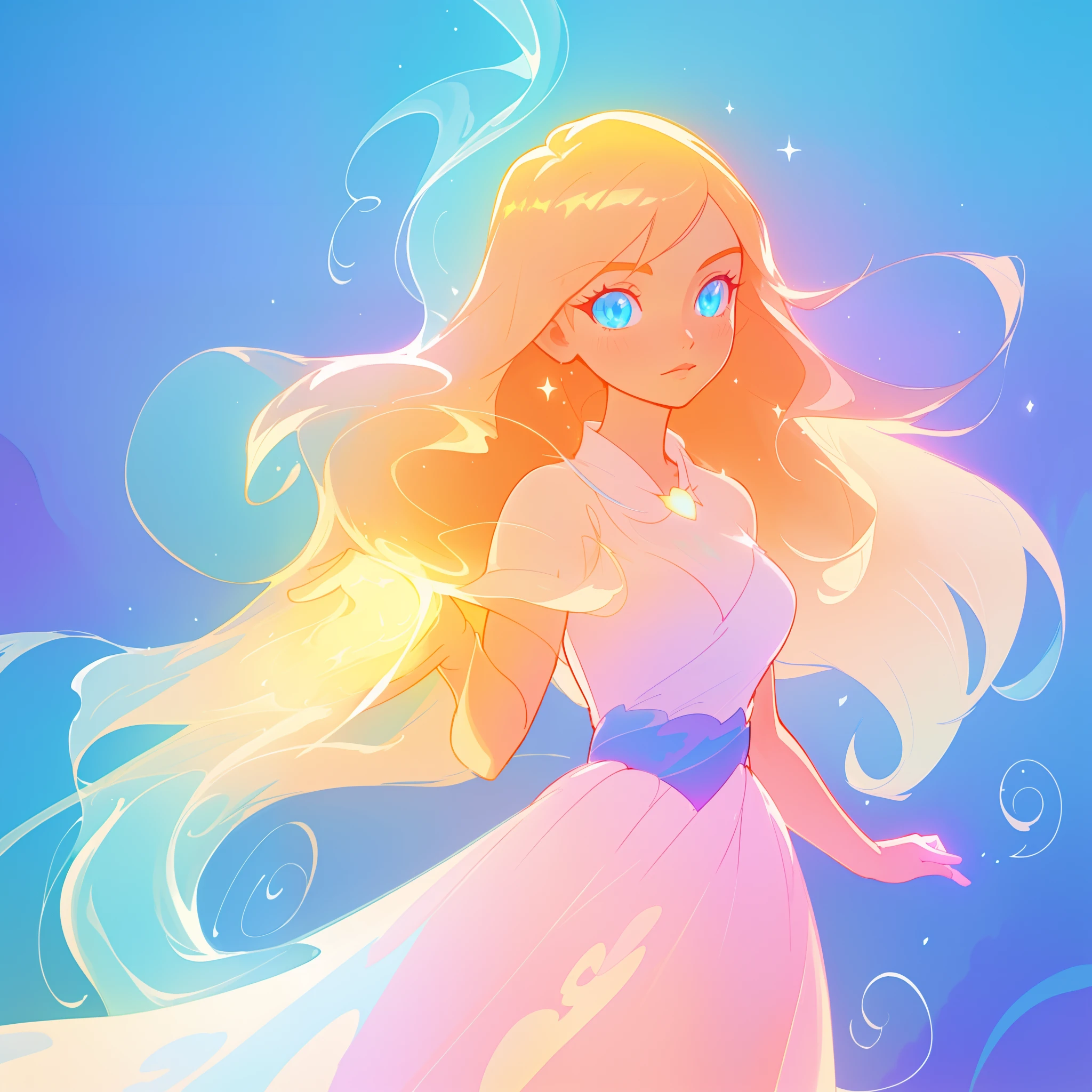 beautiful anime girl in glowing dress, inspired by Glen Keane, inspired by Lois van Baarle, disney art style, by Lois van Baarle, glowing aura around her, by Glen Keane, jen bartel, glowing lights! digital painting, flowing glowing hair, glowing flowing hair, beautiful digital illustration, fantasia background, whimsical, magical, fantasy, beautiful face, ((masterpiece, best quality)), intricate details, highly detailed, sharp focus, 8k resolution, sparkling detailed eyes, liquid watercolor