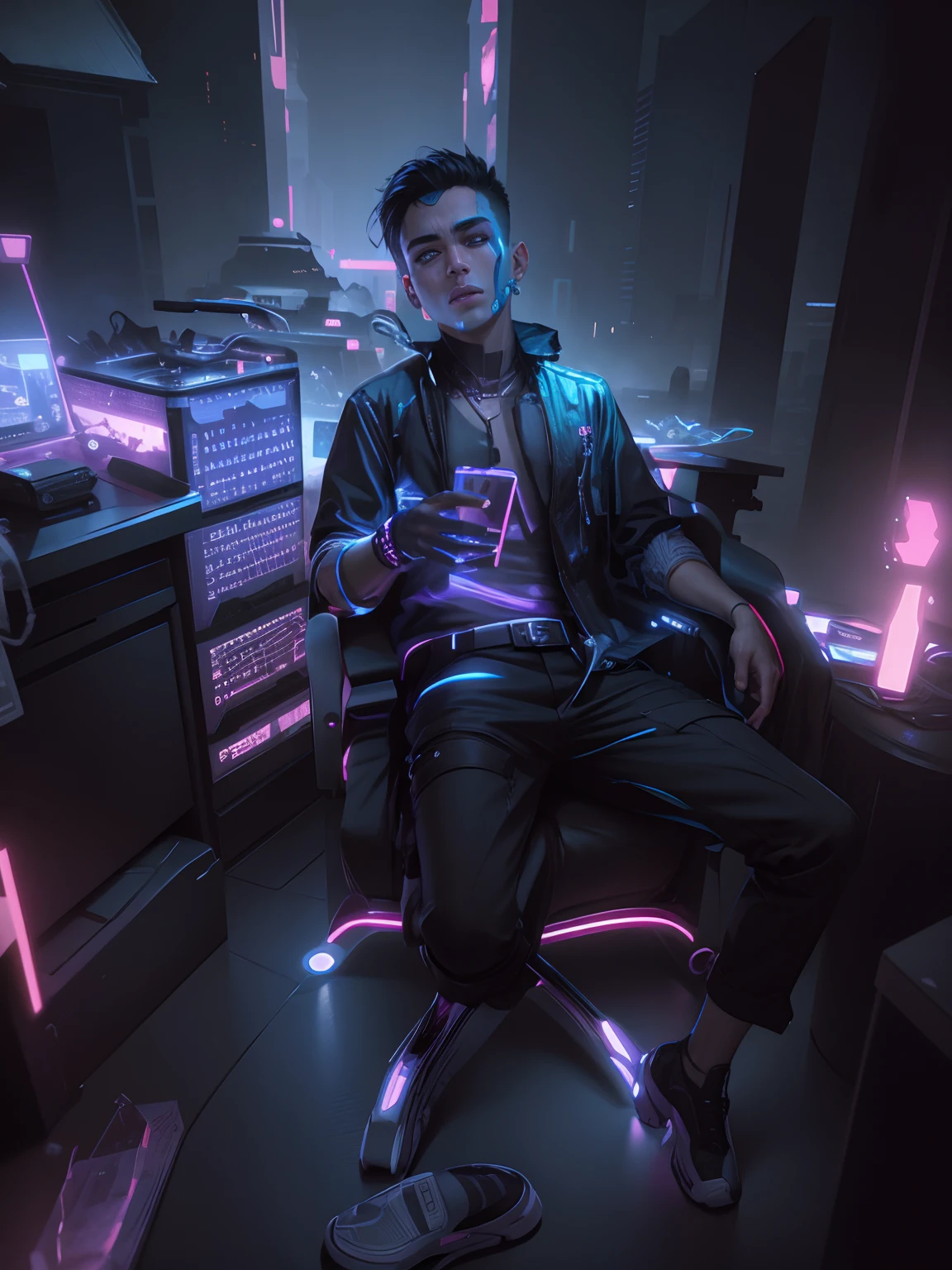 Cyberpunk boy with cat