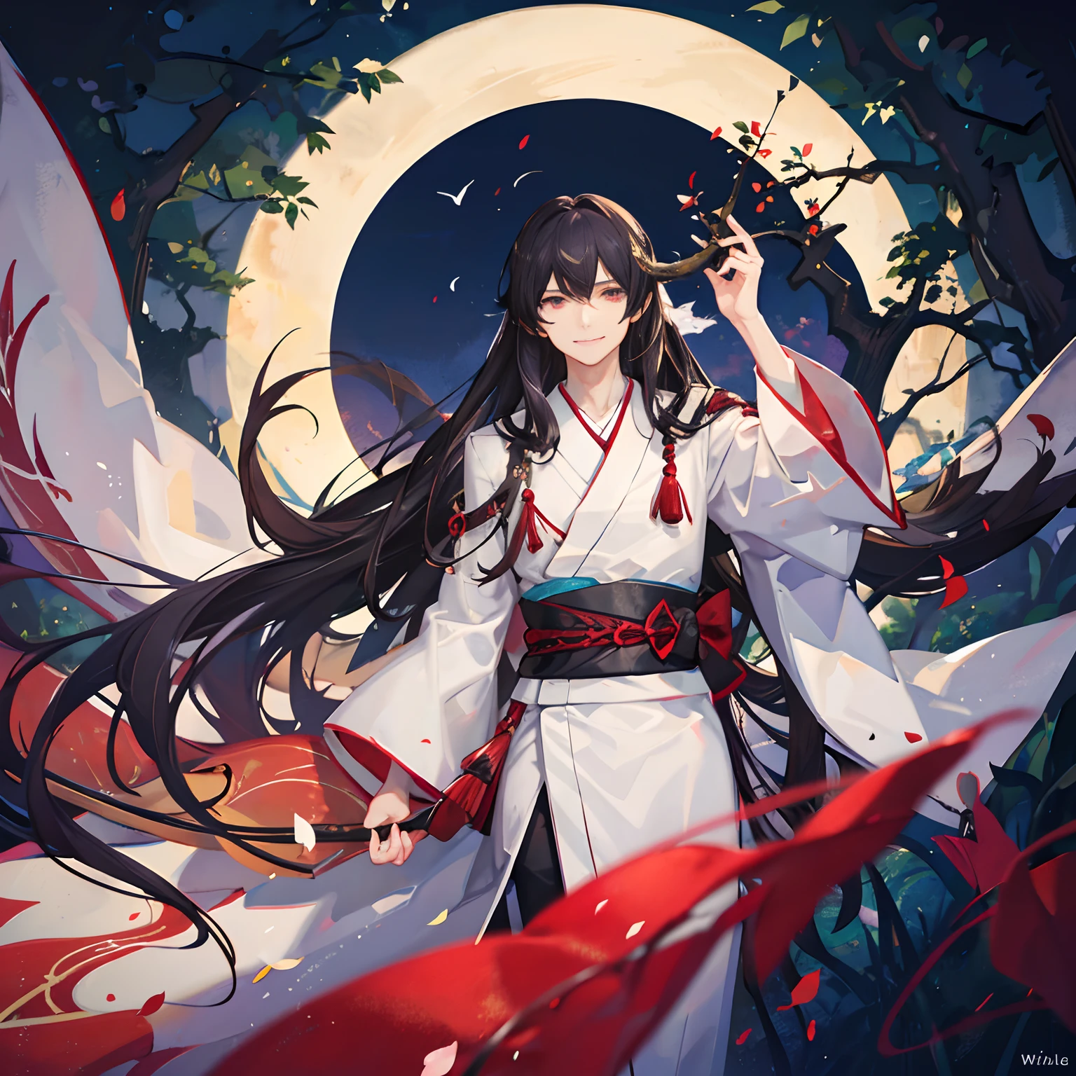 ghost (adult man) in a pure white kimono with long black hair in the woods (at night), highly detailed, friendly smile, happy, will-o-wisps, anime, watercolor