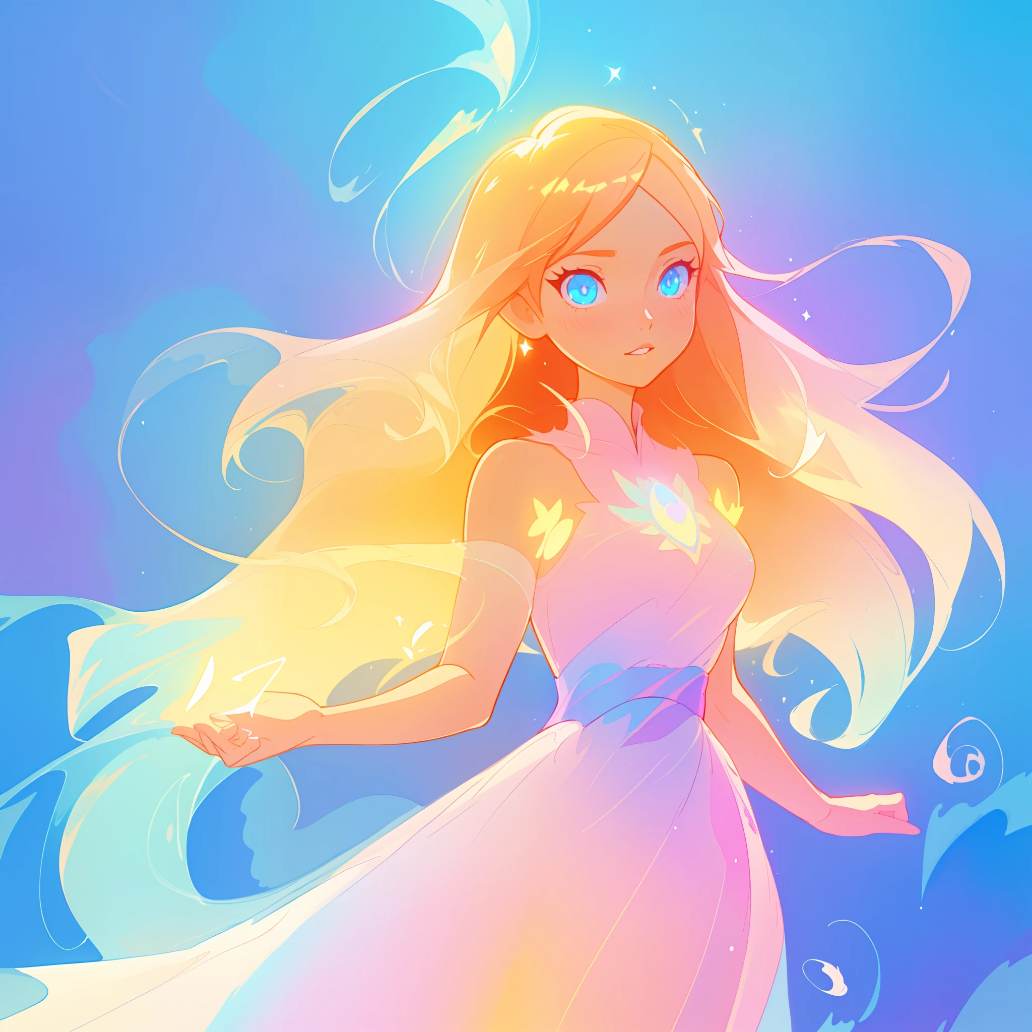 beautiful anime girl in glowing dress, inspired by Glen Keane, inspired by Lois van Baarle, disney art style, by Lois van Baarle, glowing aura around her, by Glen Keane, jen bartel, glowing lights! digital painting, flowing glowing hair, glowing flowing hair, beautiful digital illustration, fantasia background, whimsical, magical, fantasy, beautiful face, ((masterpiece, best quality)), intricate details, highly detailed, sharp focus, 8k resolution, sparkling detailed eyes, liquid watercolor