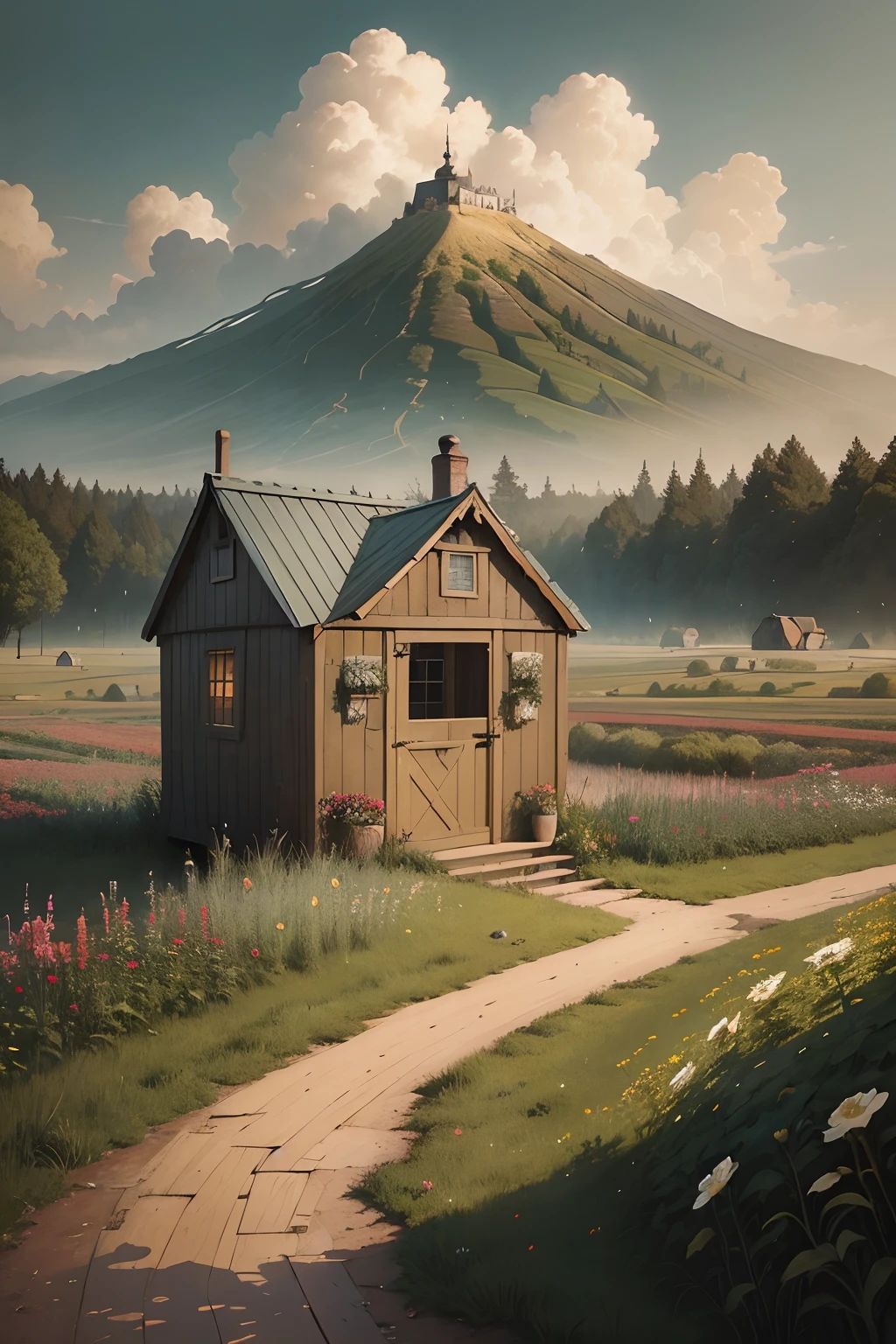 Closeup Lovely but thought provoking Environmental Art in the style of Andrea Kowch and Stanley Donwood small wooden shed in the countryside with flowers, in the style of realistic fantasy artwork, earth tone color palette, dramatic brushwork, dreamy and romantic, rococo-inspired art, fantastical street, smokey background