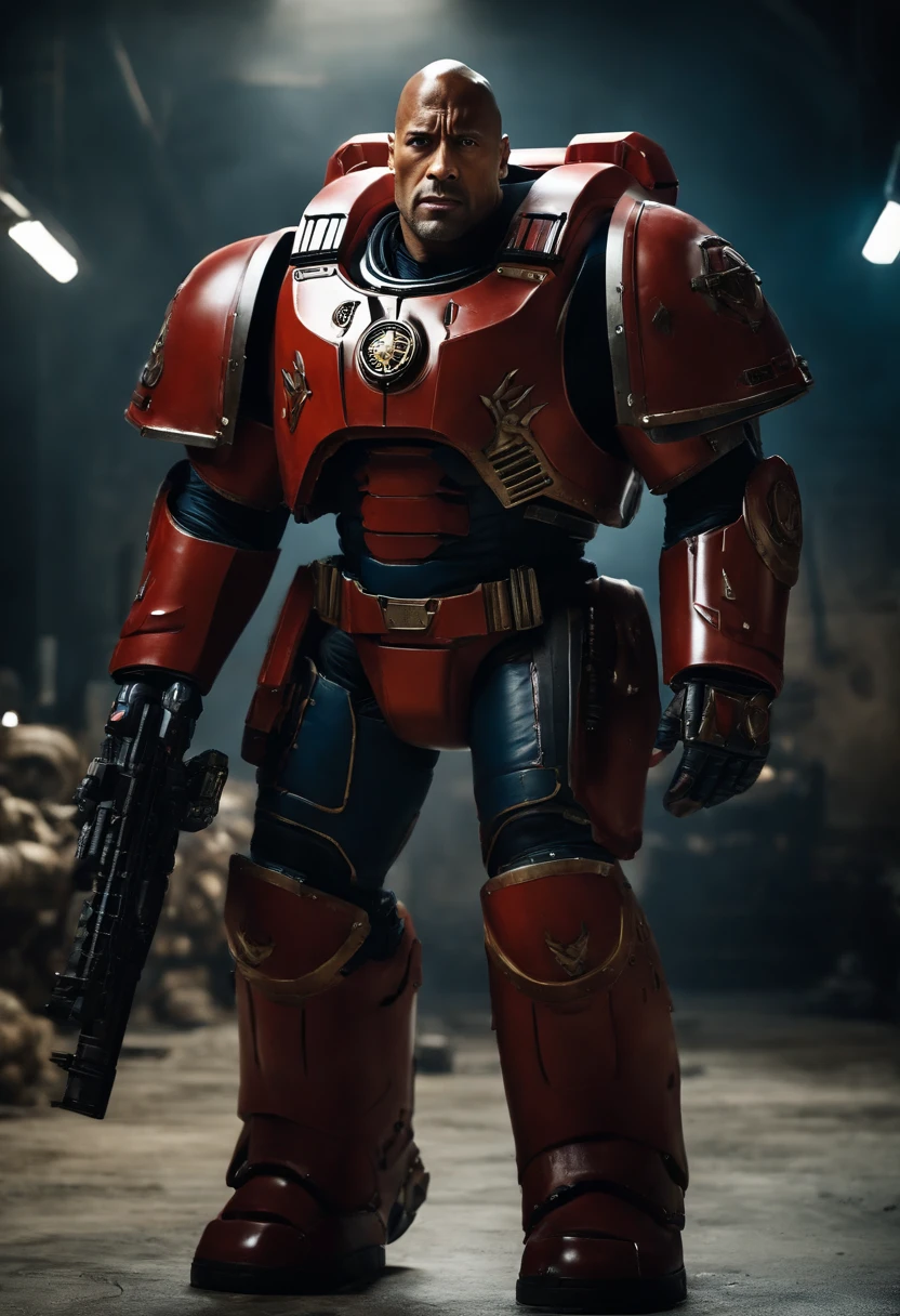 Ator The rock como Um Astartes space marine altamente realista, em sua armadura do Power armor Cor vermelha, Ultra realismo, best quality, Martelo de guerra40k
