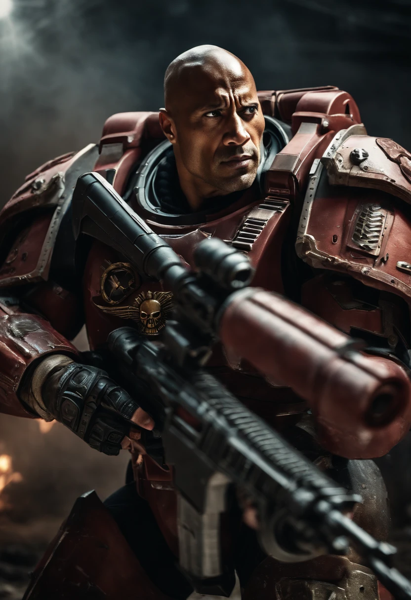 Ator The rock como Um Astartes space marine altamente realista, em sua armadura do Power armor Cor vermelha, Ultra realismo, best quality, Martelo de guerra40k